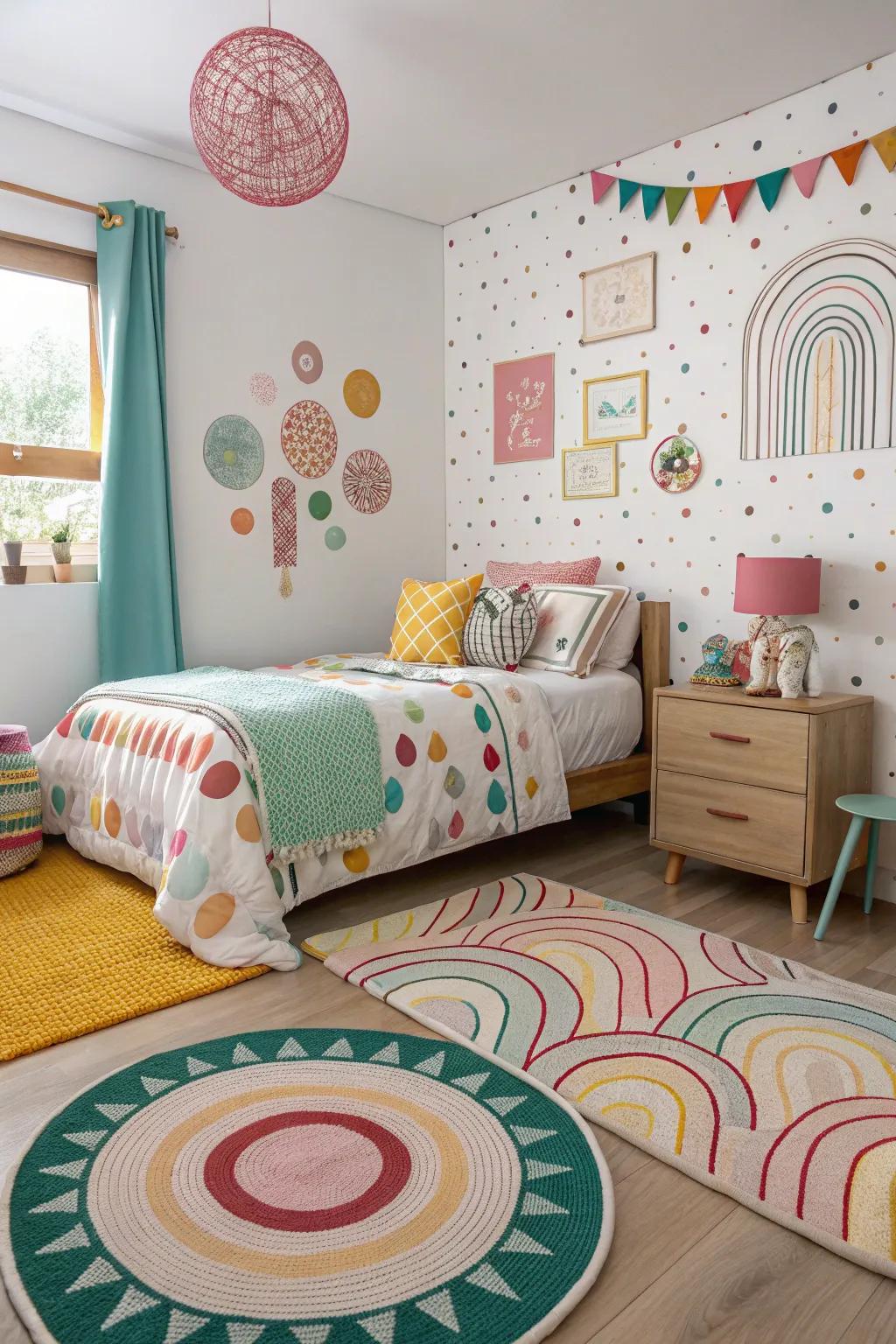 Playful elements add playfulness to this bedroom.