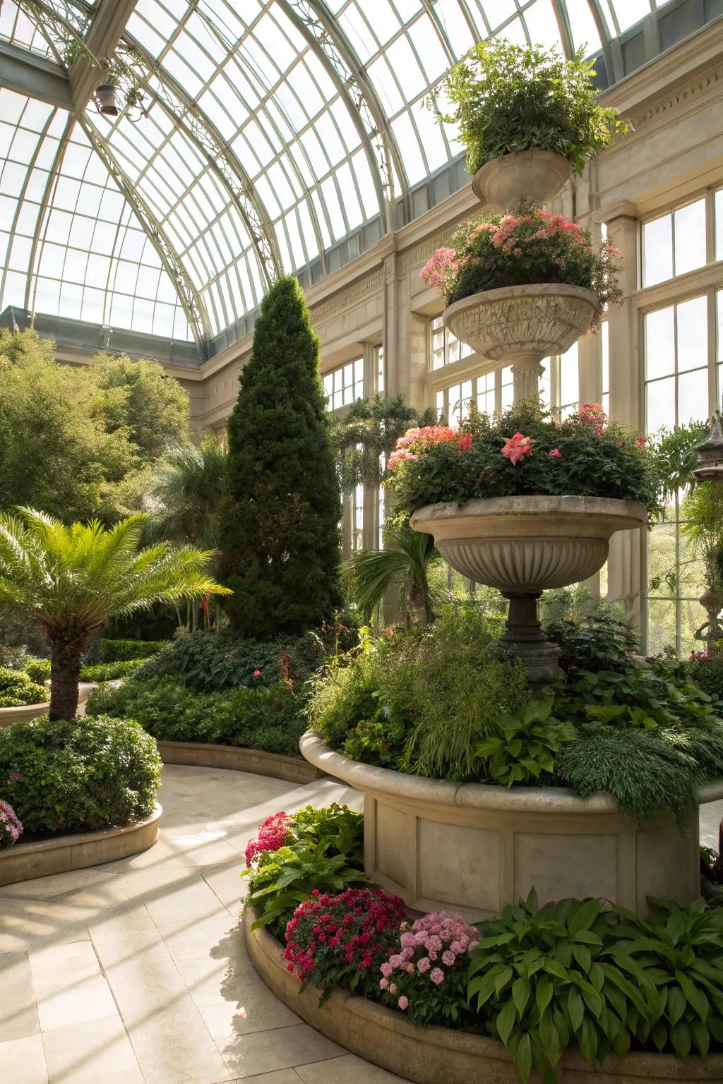 Multi-layered botanical displays creating a vibrant spectacle in a sunroom.