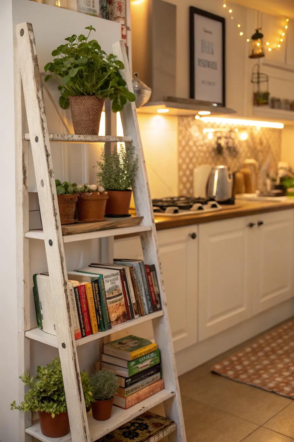 Ladder shelves offer vertical storing with an ornamental touch.