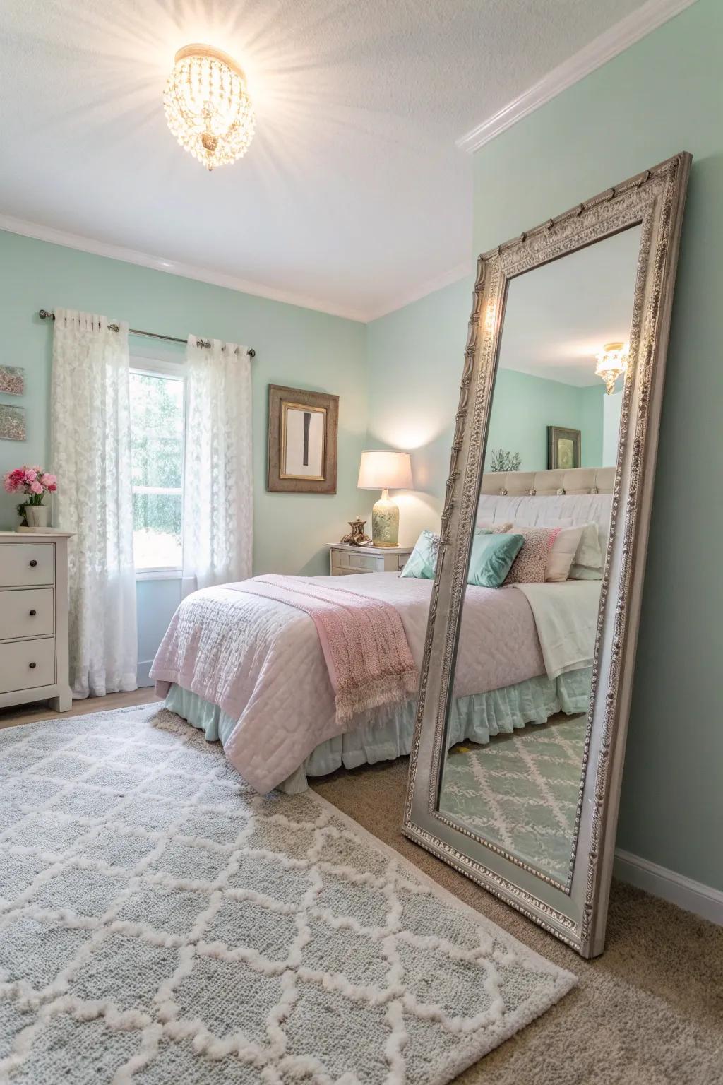 A statement mirror enhances illumination and room in the sleep space.