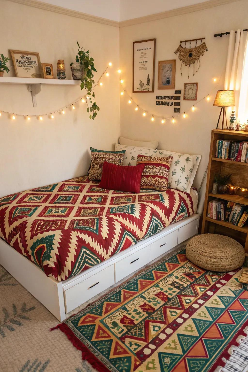 Bold patterns bring energy and character to a corner bed.