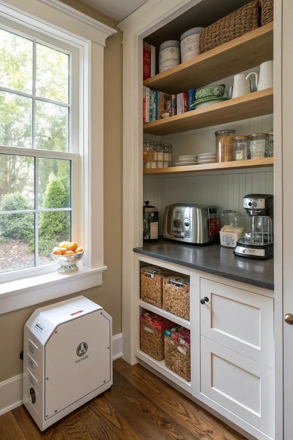A small appliance area in a corner pantry for convenience.