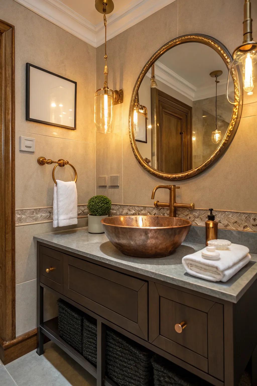Copper accents introducing warmth to a cottage bathroom
