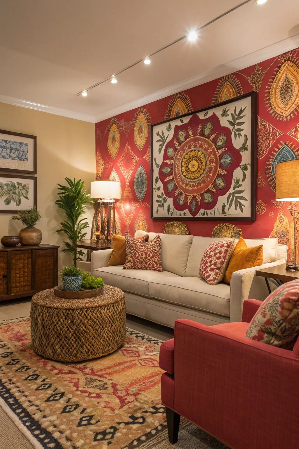 A bold feature wall makes a striking impact in the room.