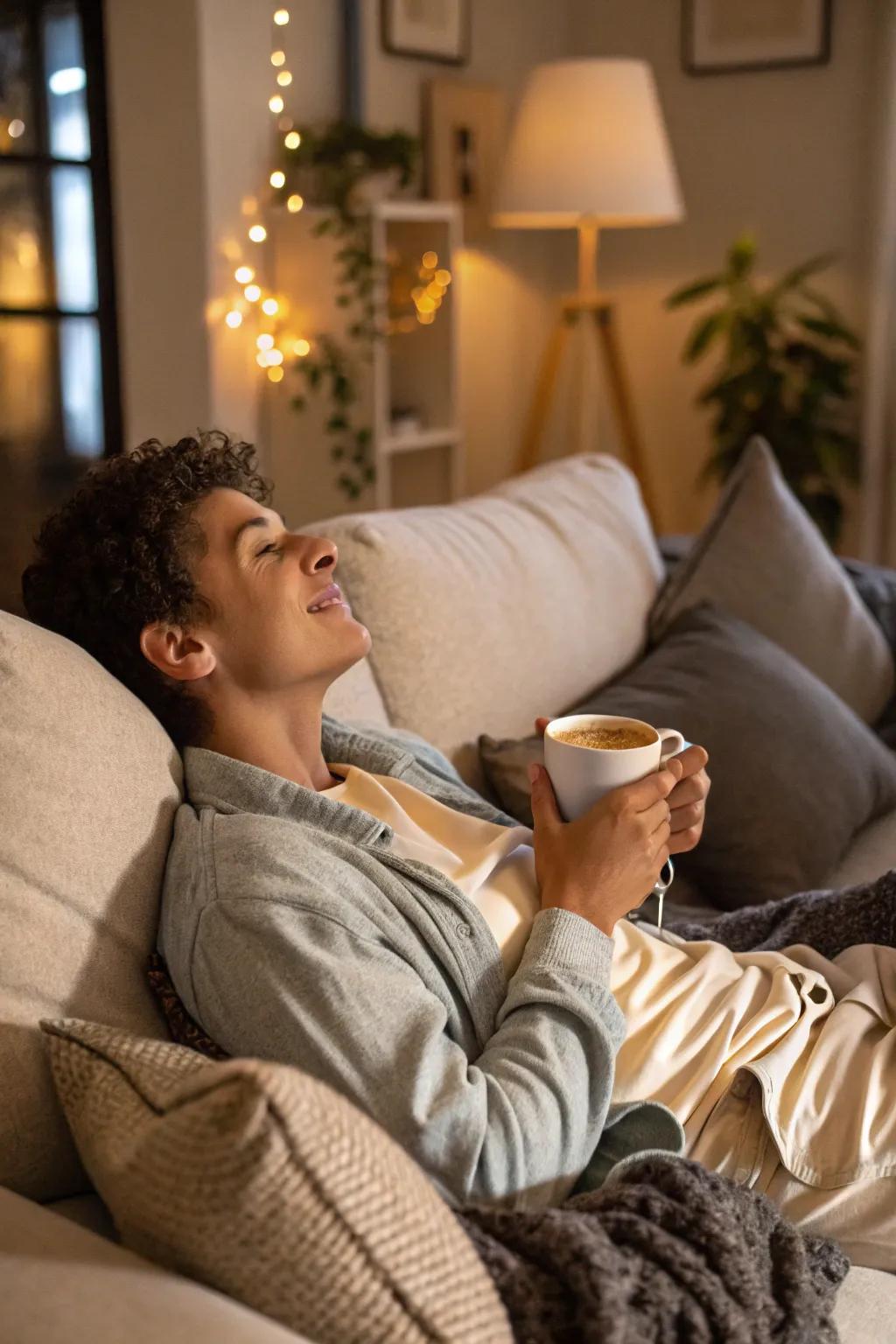 Sofa and java capture the essence of a relaxed morning.