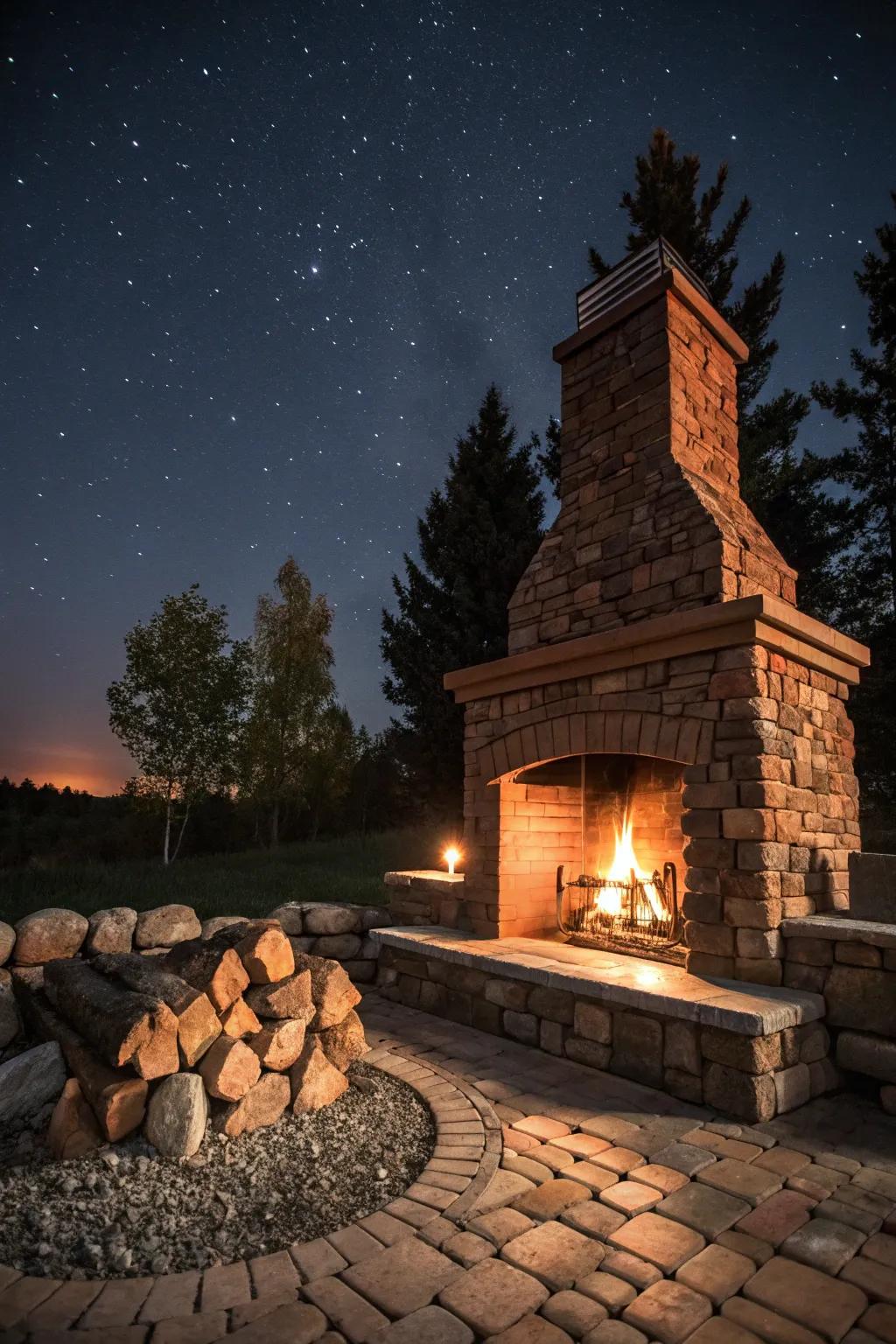 An outdoor fireplace with a fire pit introduces grandeur and warmth to your space.