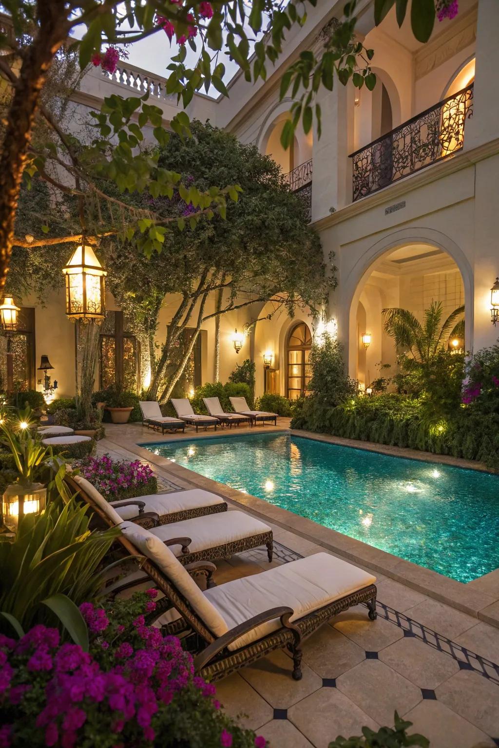 Pool illumination fashions a lively, resort-like vibe in the patio.