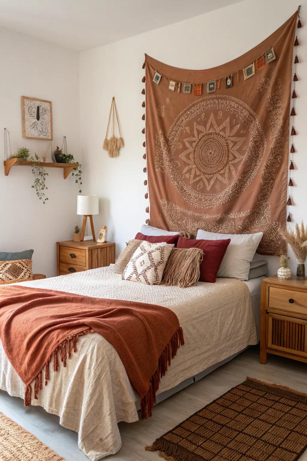 A bedroom embellished through a brown-tinged wall tapestry, boosting its depth.
