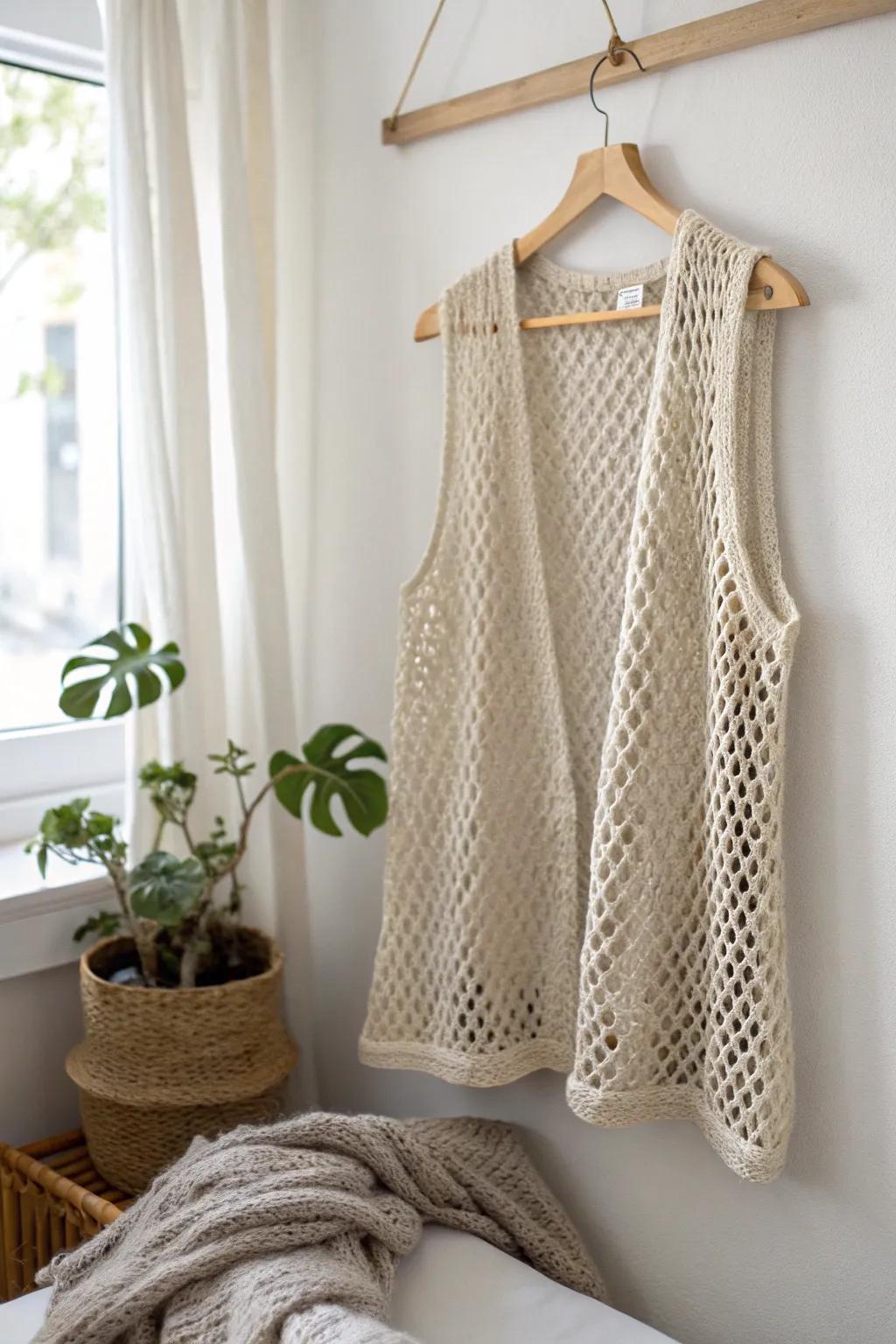 Showcase contemporary elegance with this striking netting stitchwork vest &ndash; where minimalism meets boho chic.