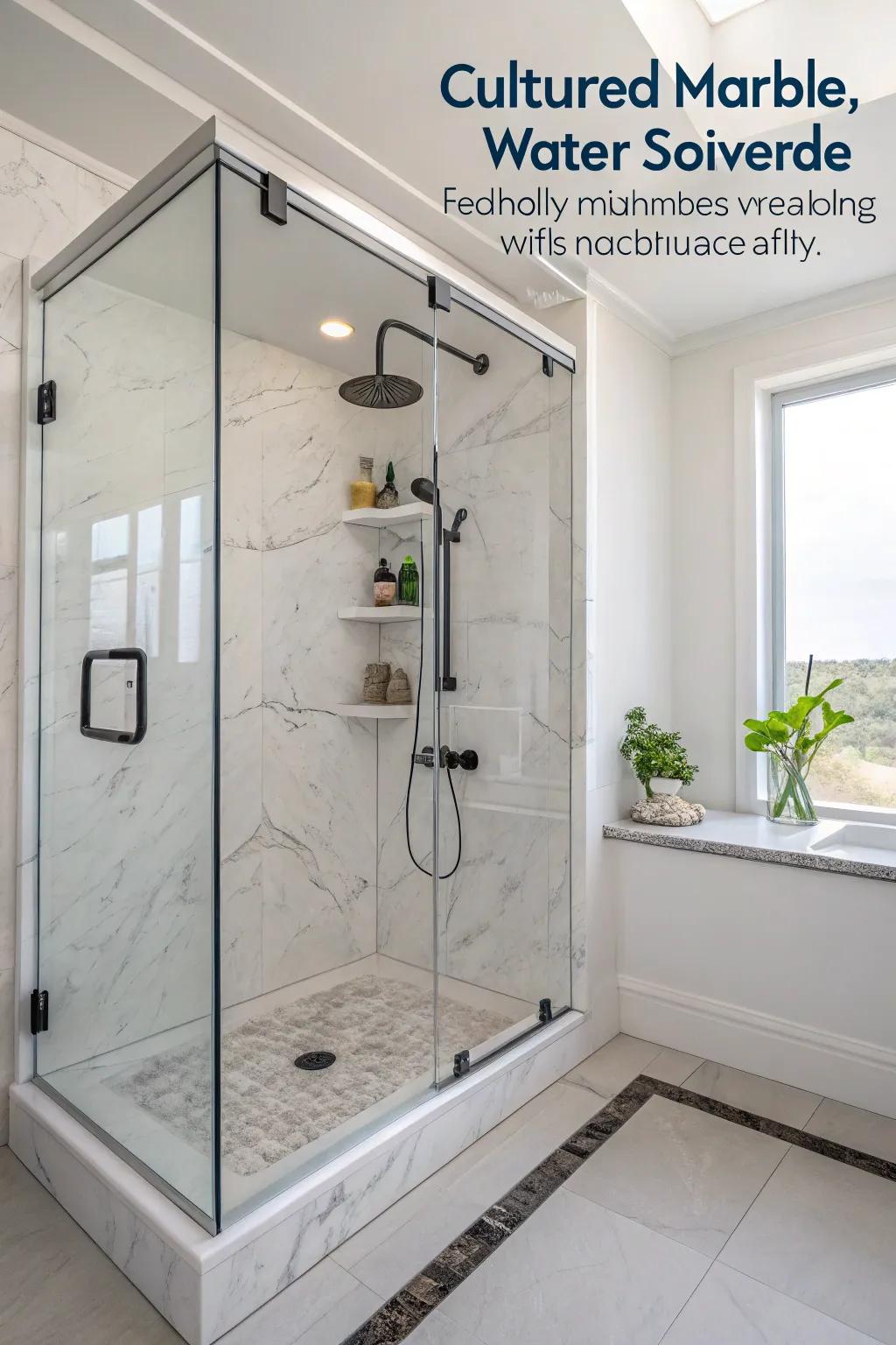 Environmentally friendly components complement the sophistication and sustainability of manufactured stone showers.