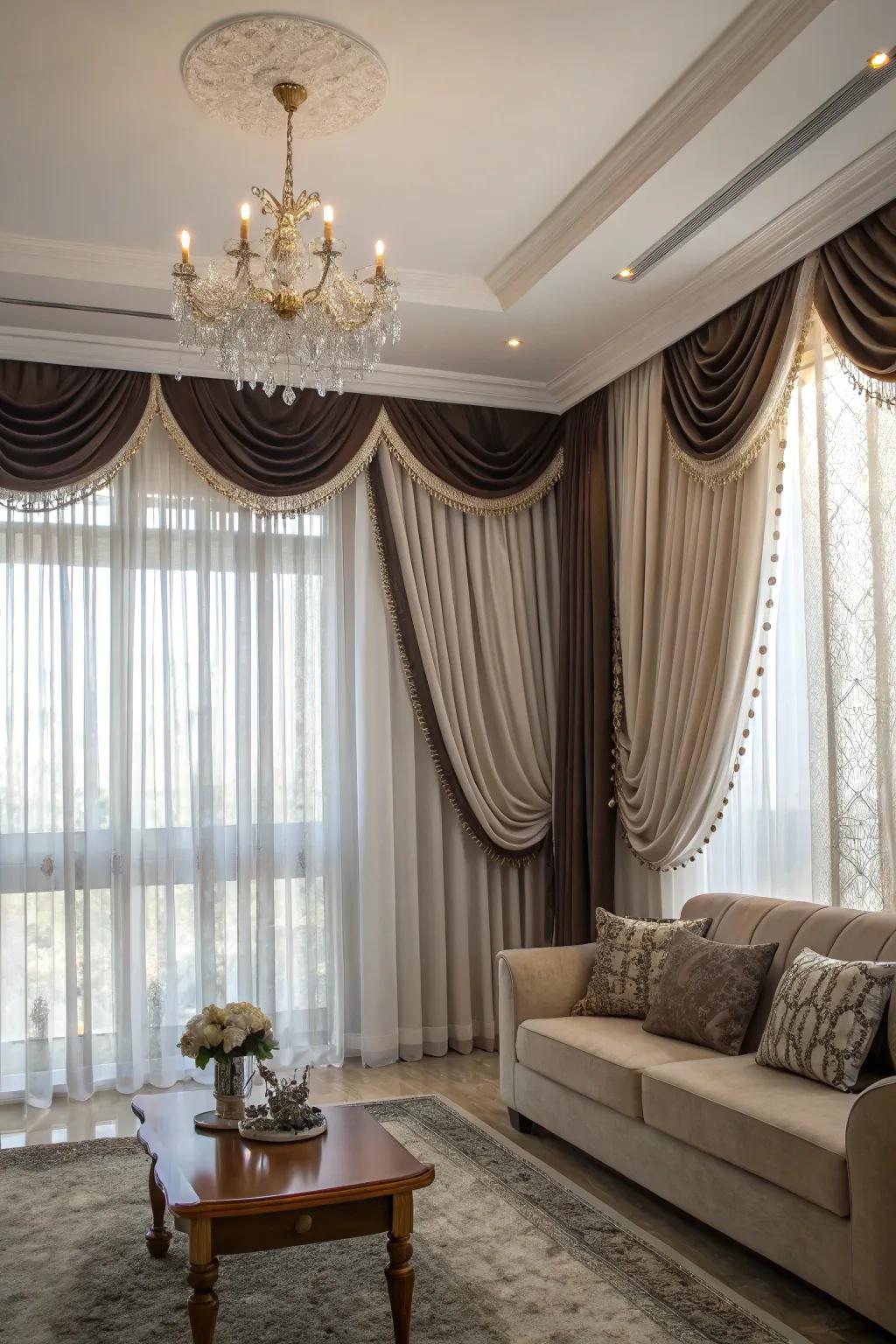 Layered drapes create a plush and opulent feel.