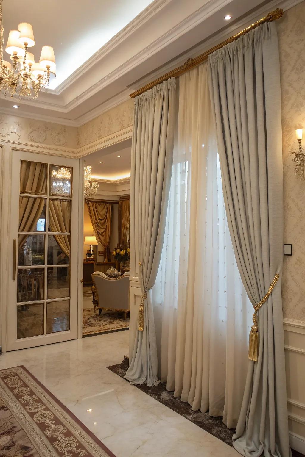 Custom-length curtain rods provide a seamless and tailored look.