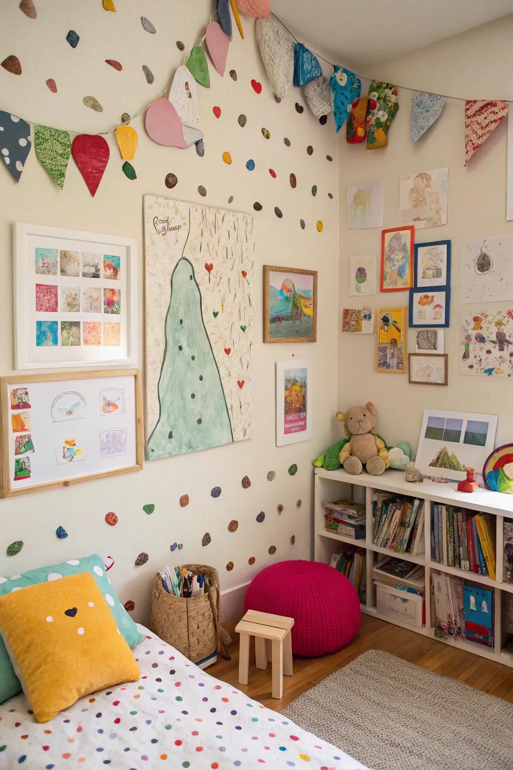 Handcrafted art projects contribute a personal and creative accent to the room.
