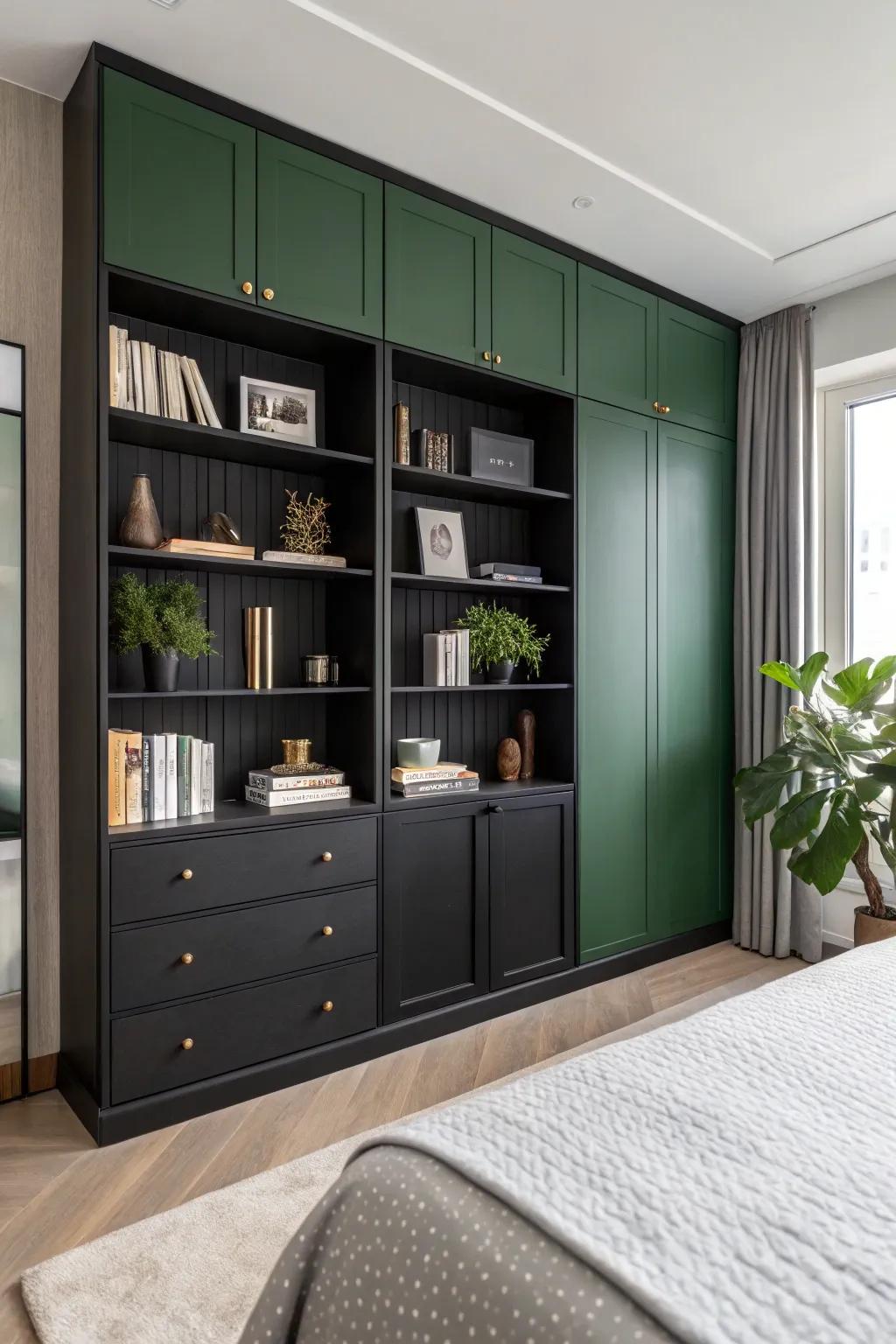 Shelving with a green backdrop introduces a unique touch.