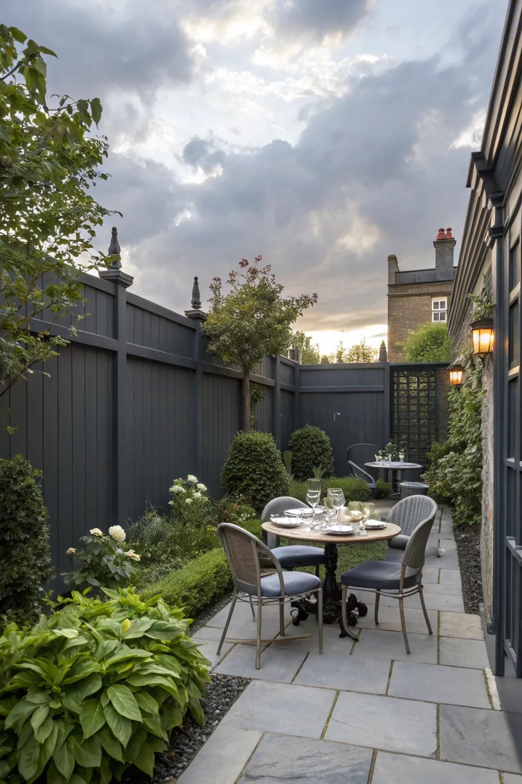 A chic courtyard with a deep charcoal fence, perfect for intimate gatherings.