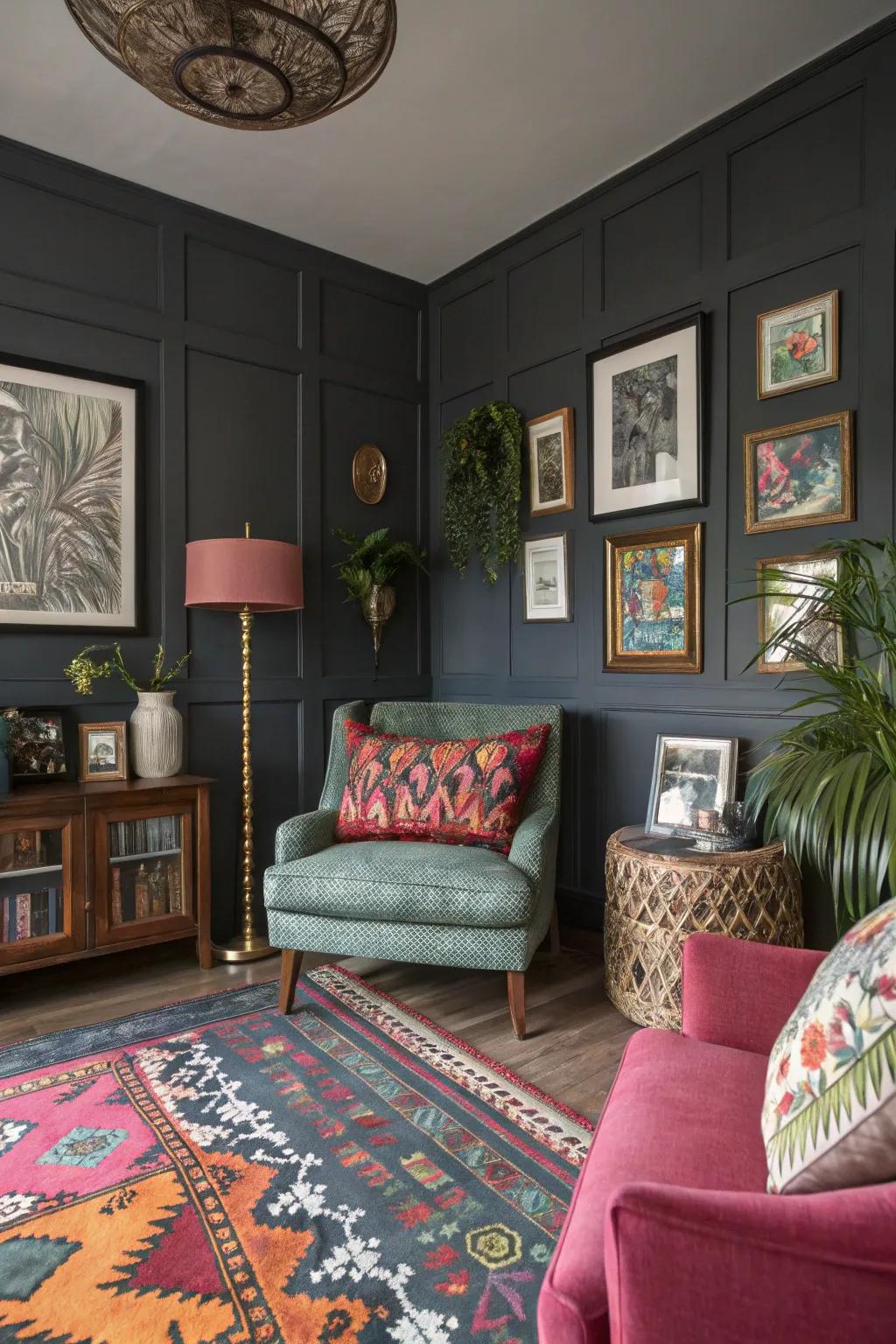 Assorted decor creating a unique and customized grey room.