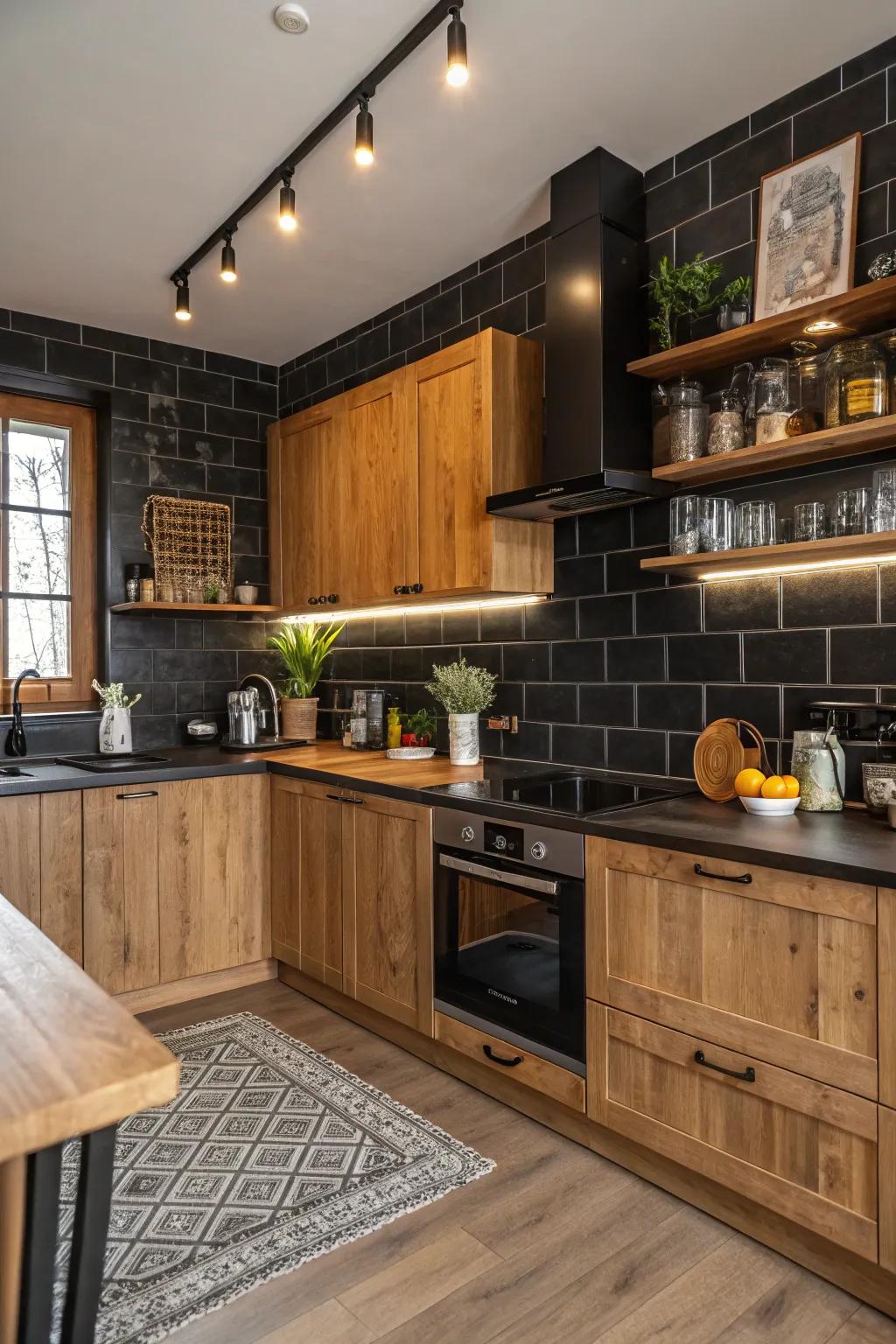 A harmonious kitchen design featuring a blend of dark backsplash and wooden elements.
