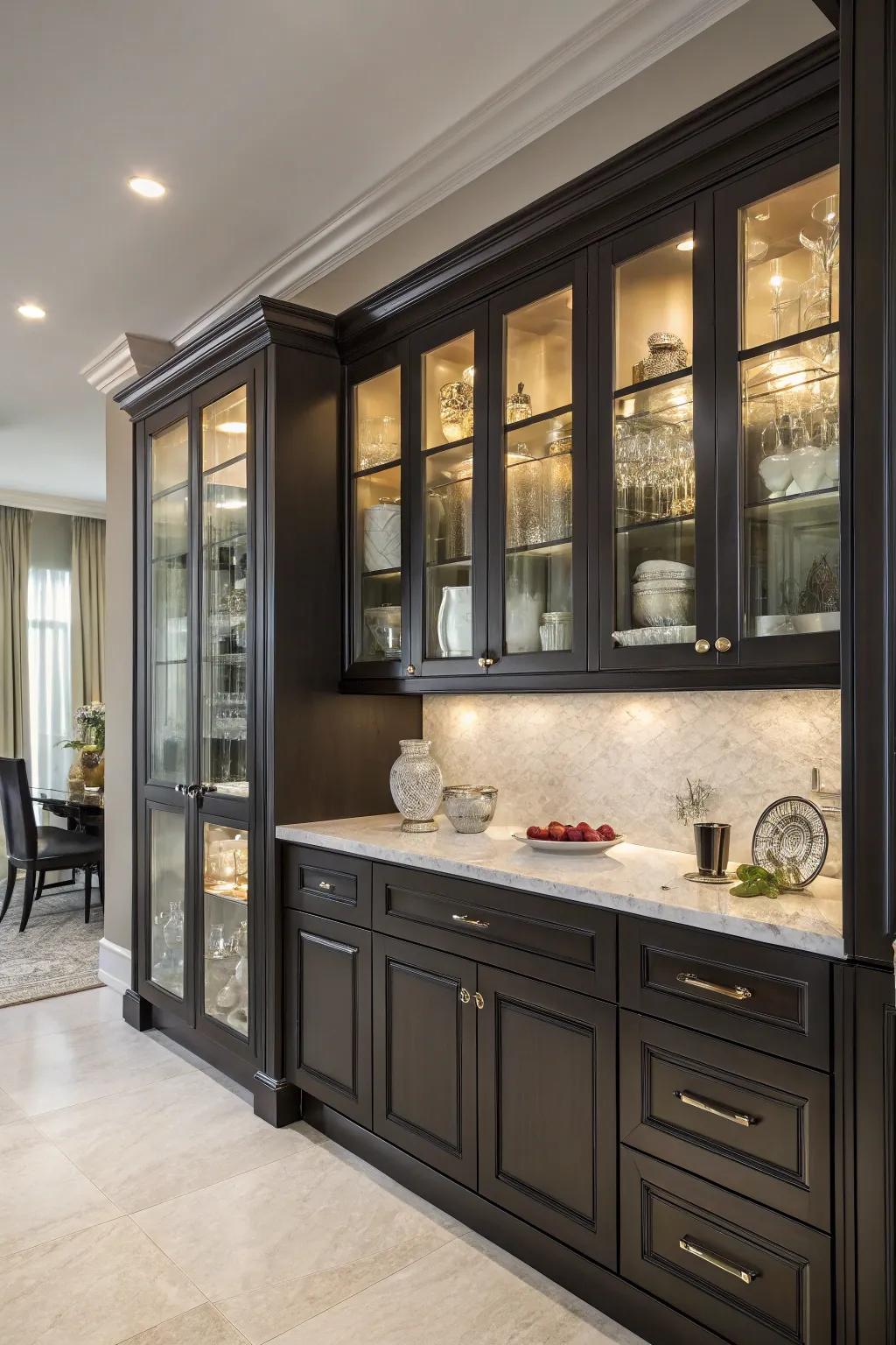 Glass elements in dark cabinets provide elegance and display opportunities.