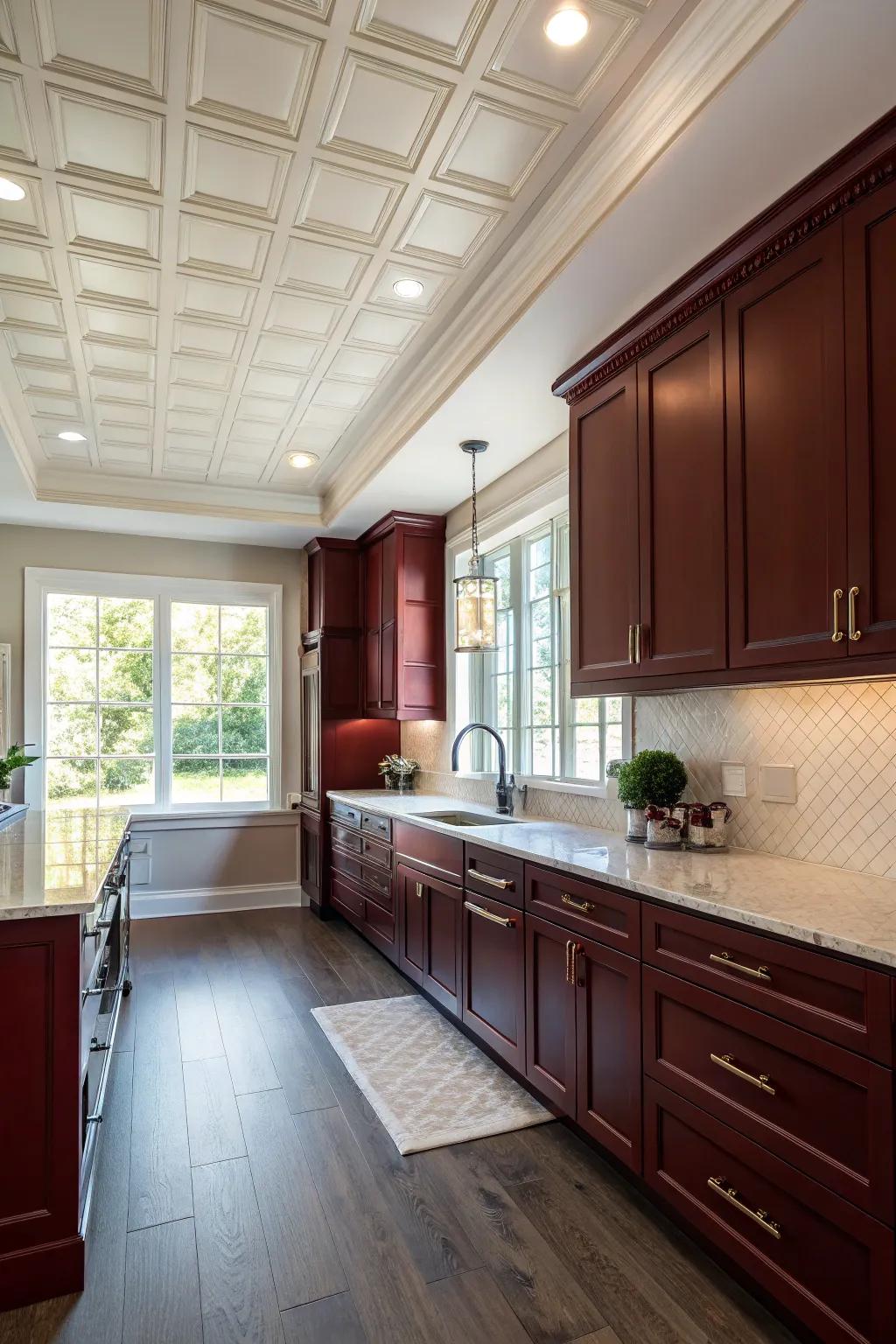 Intriguing kitchen featuring a uniquely painted ceiling and scarlet-toned cabinets.