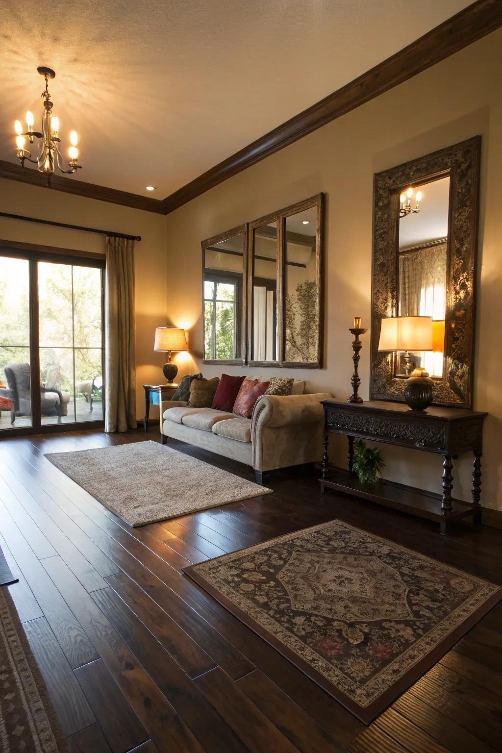 Reflectors bounce light in areas with wood floors.
