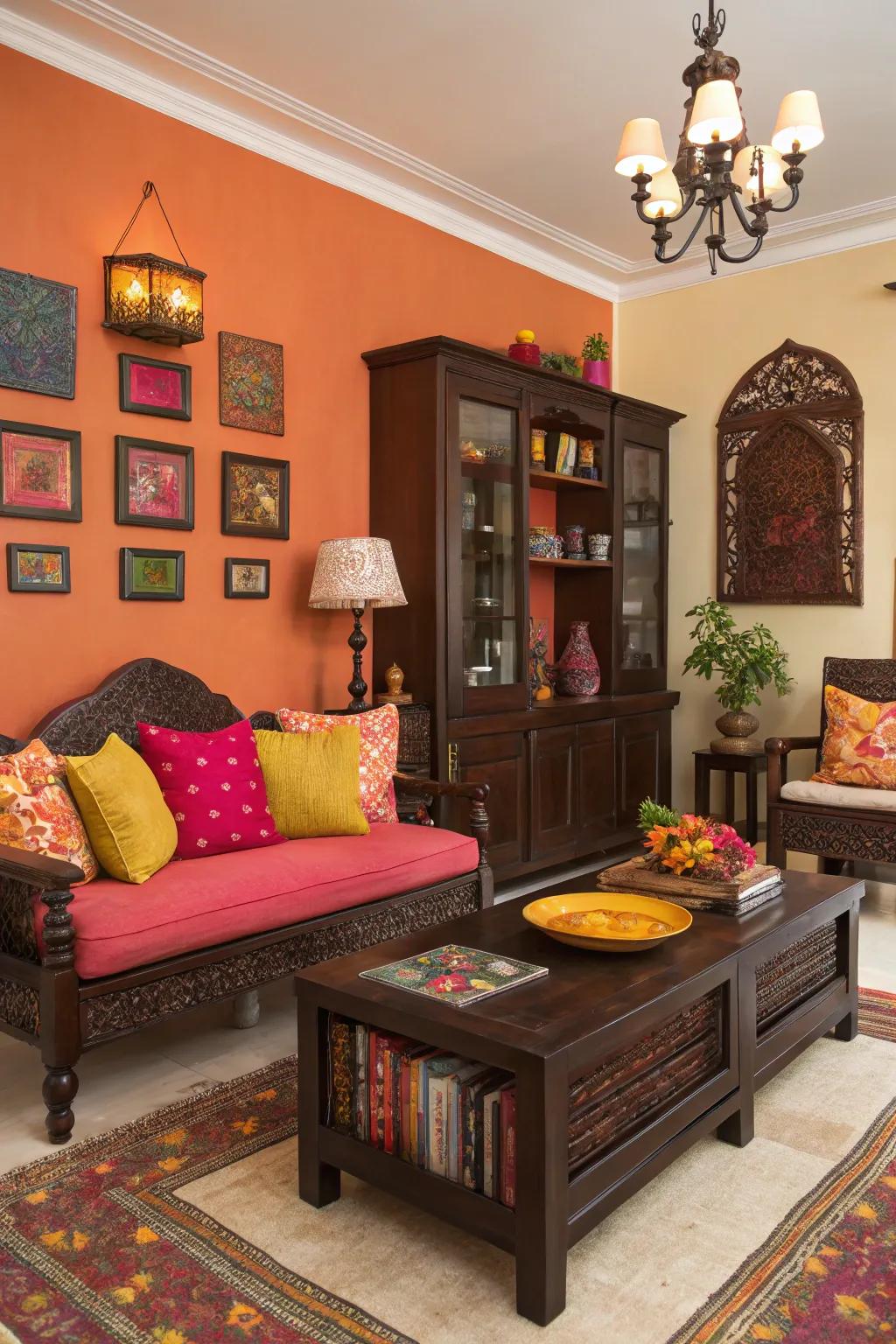 Colorful accents bring energy to dark wood spaces.