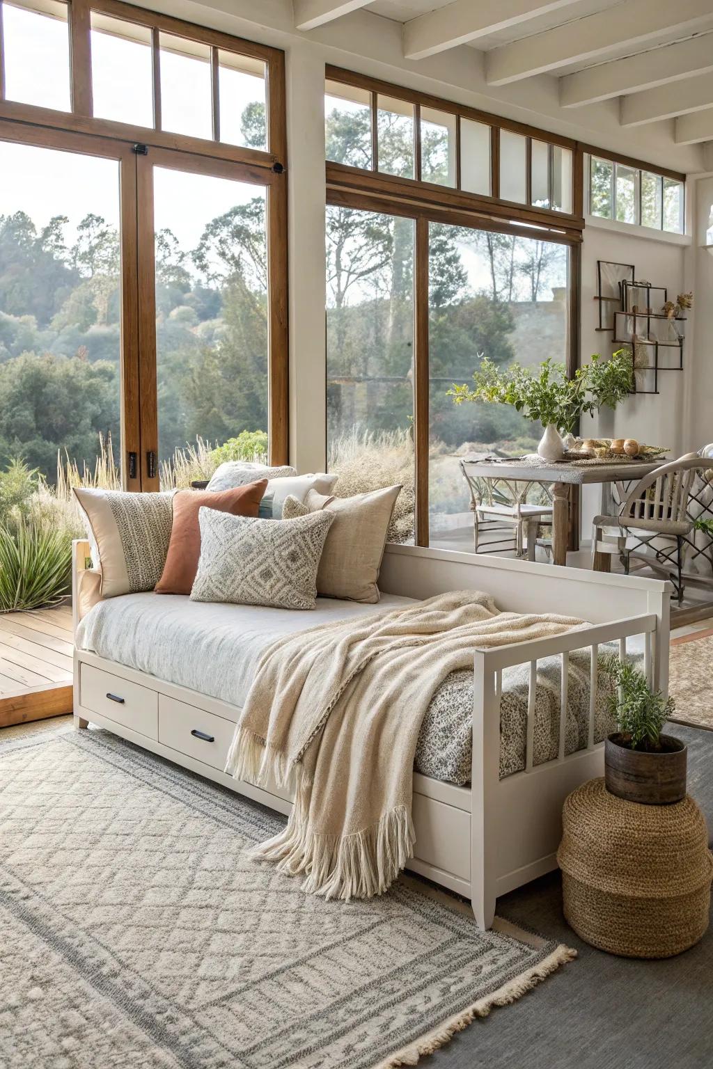 A space that adapts easily featuring a daybed that can perform multiple roles.