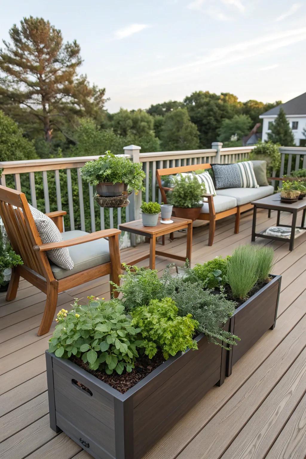 Unwind in style using seating that has herb planters.