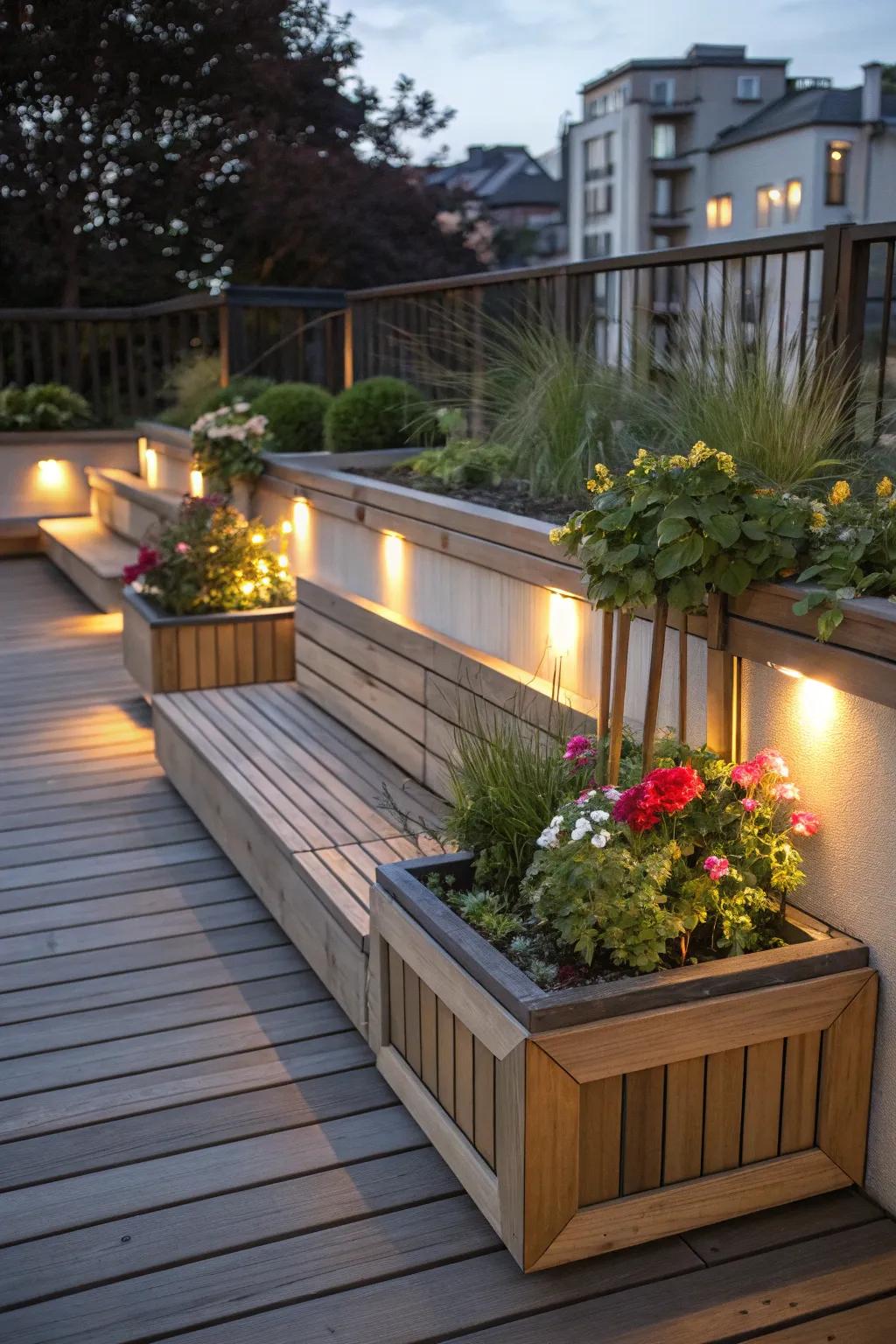 Evening allure featuring lit benches and greenery.