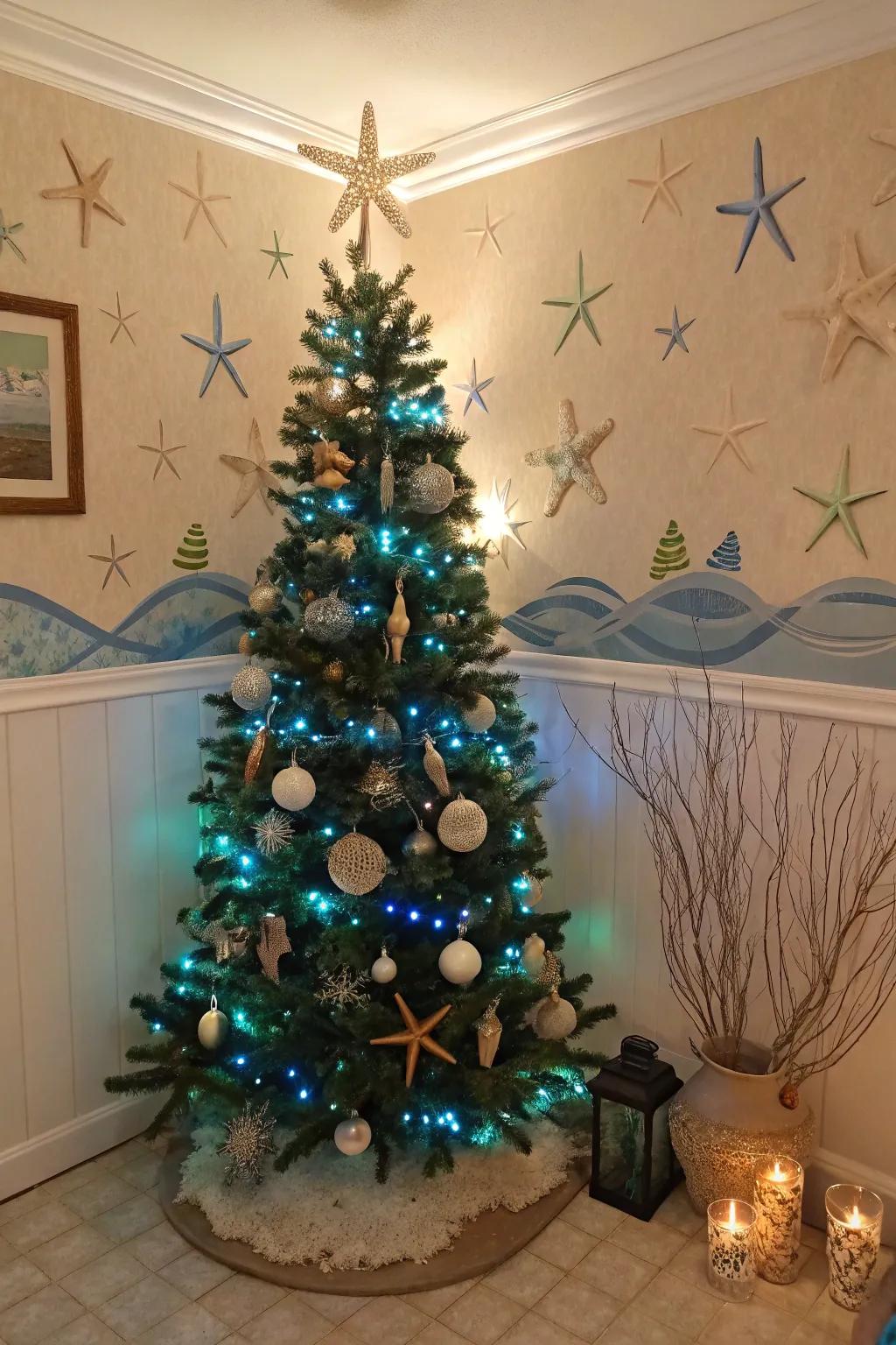 An underwater world Christmas tree sporting oceanic lights and decorations.
