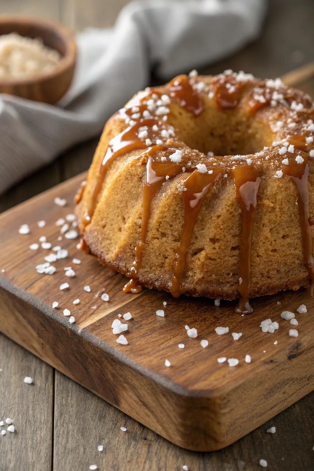 Sea salt and rich caramel drizzle adorn a bundt cake.