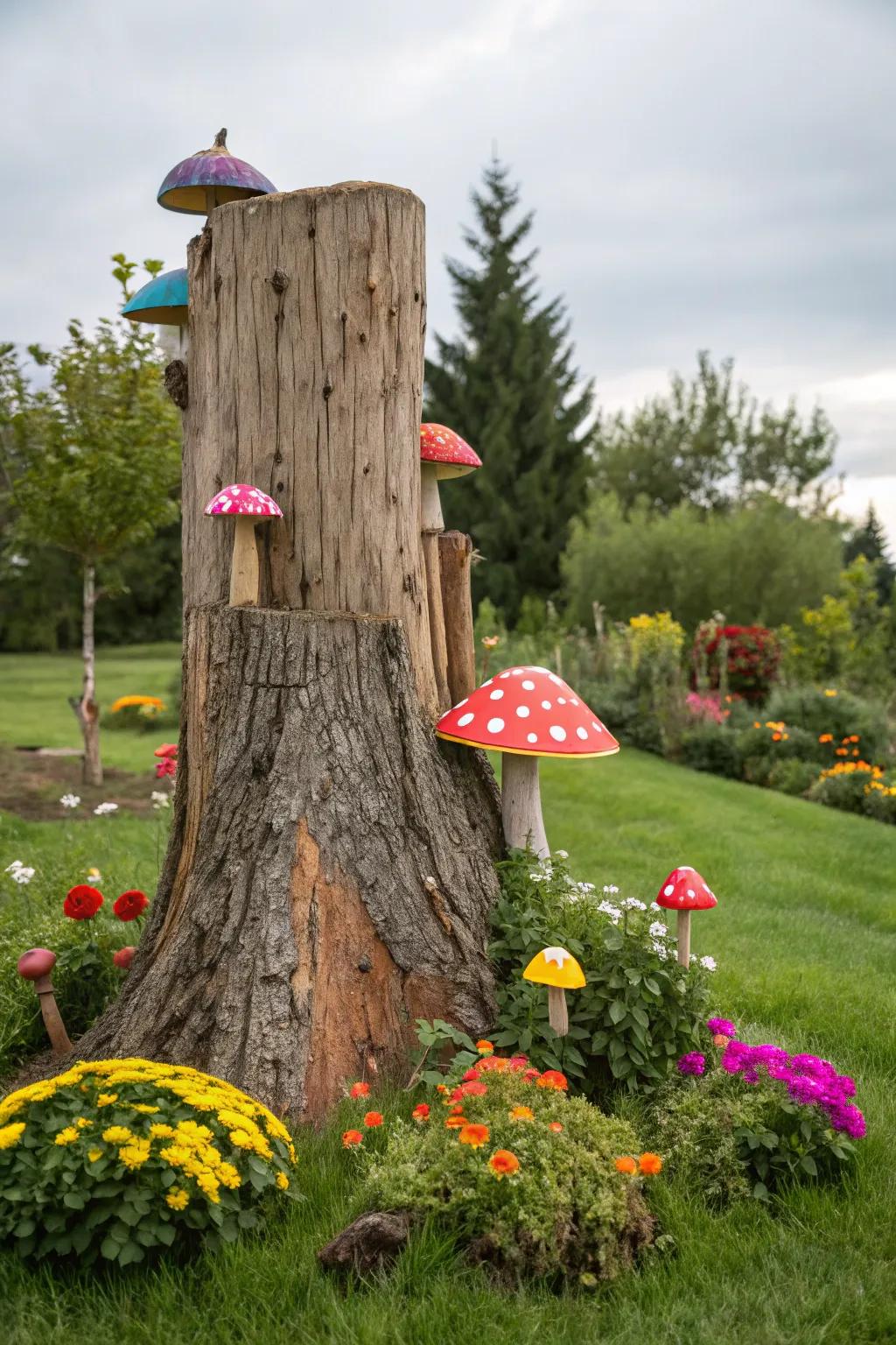 Introduce whimsy with mushroom decorations on a tree stump.