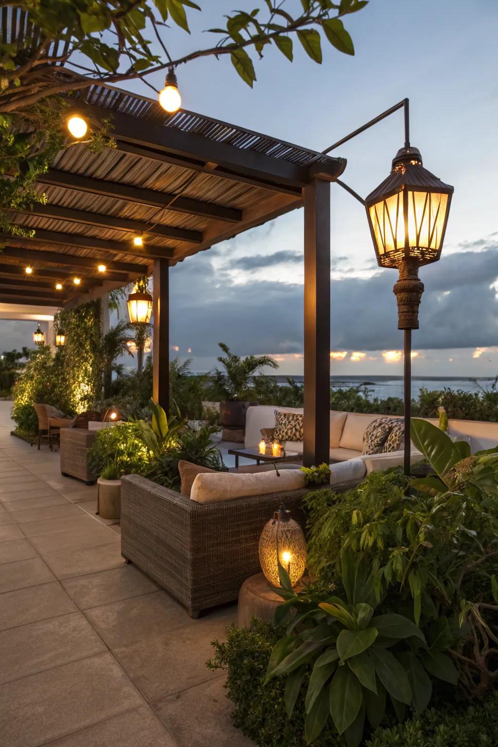 Weatherproof lamps illuminate and enhance outdoor living.