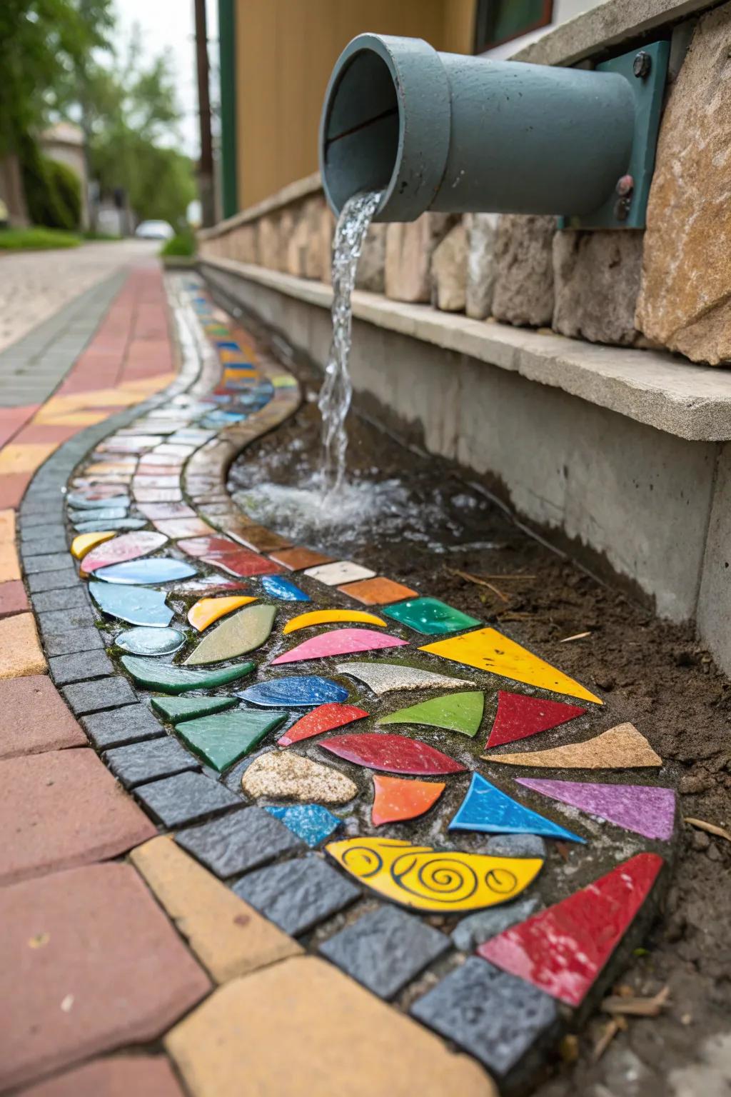 Kaleidoscopic water feature designs infuse vibrancy and charm into downspout areas.