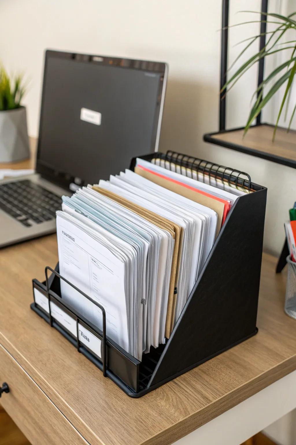 Upright file retainers for efficient document management.
