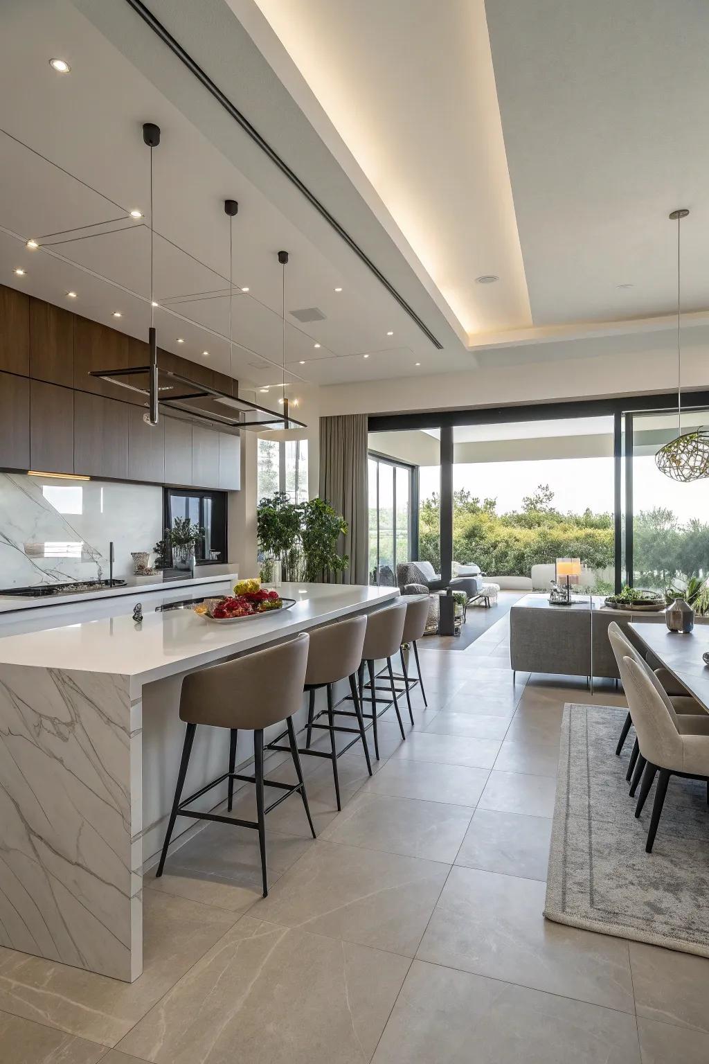An unkitchen dining area combines effortlessly using modern kitchen design.