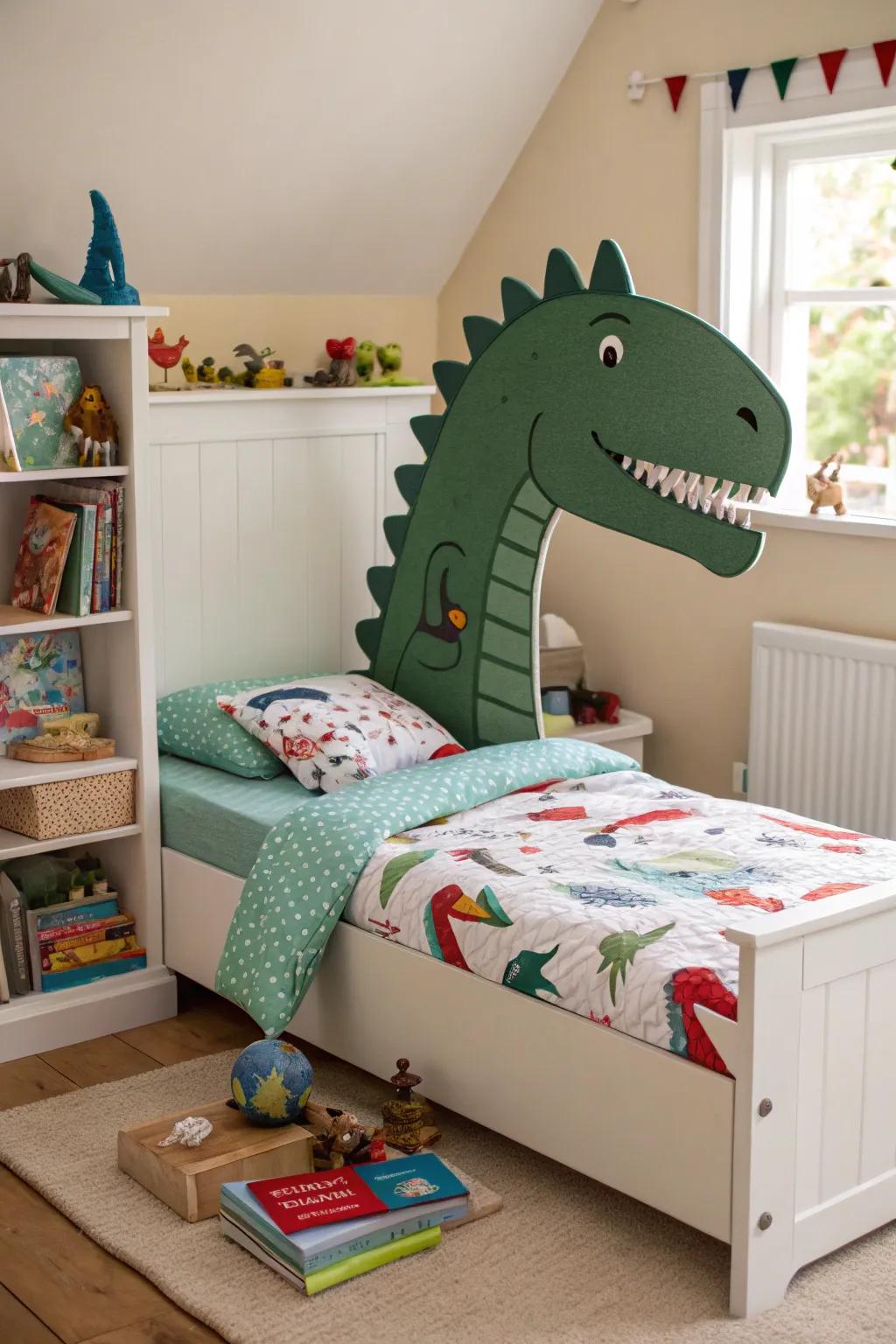 A custom dinosaur headboard, bringing dramatic flair and thematic harmony to the room&rsquo;s d&eacute;cor.
