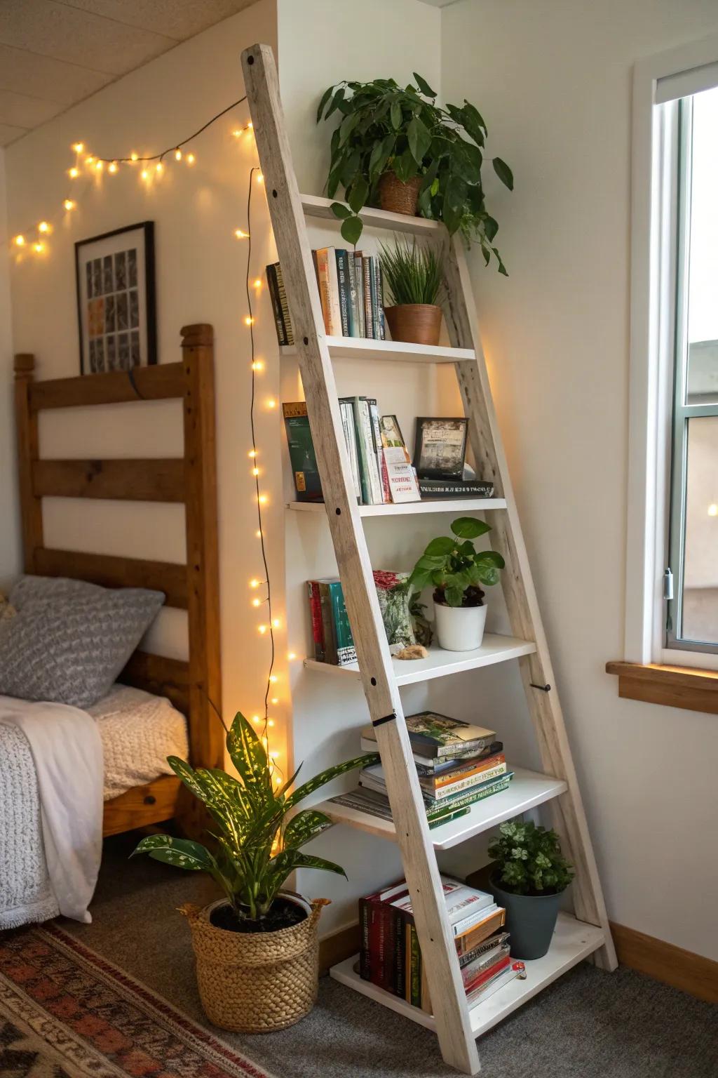 Your dorm gains storage and character from a ladder shelf.