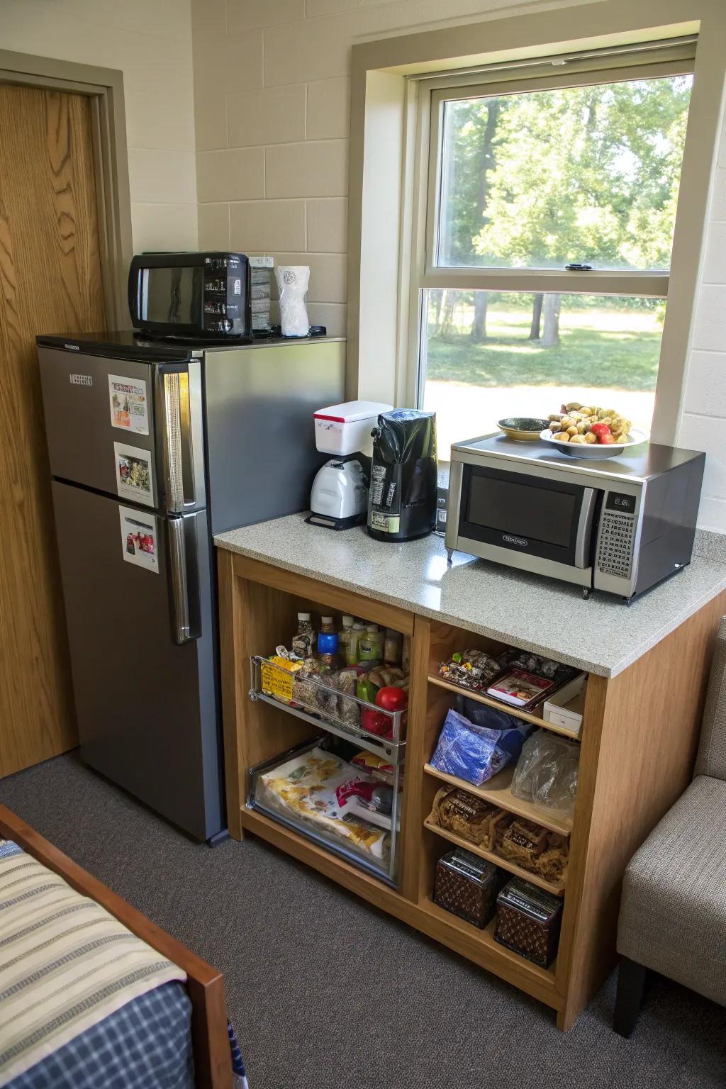 A dedicated kitchen area keeps snacks organized and easy to get to.