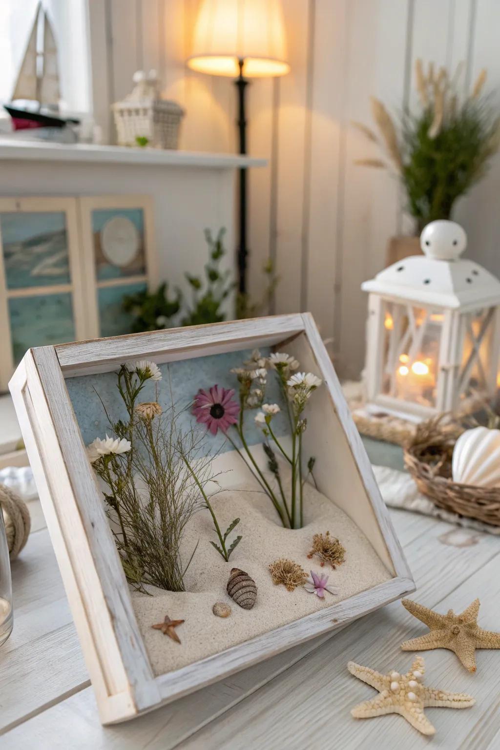 Bring the beach atmosphere home with a coastal-inspired dried flower display case.
