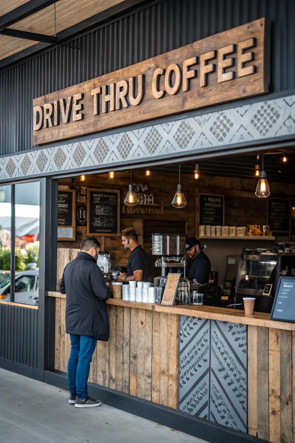 Drive-thru coffee shop featuring rich textures for a dynamic look.