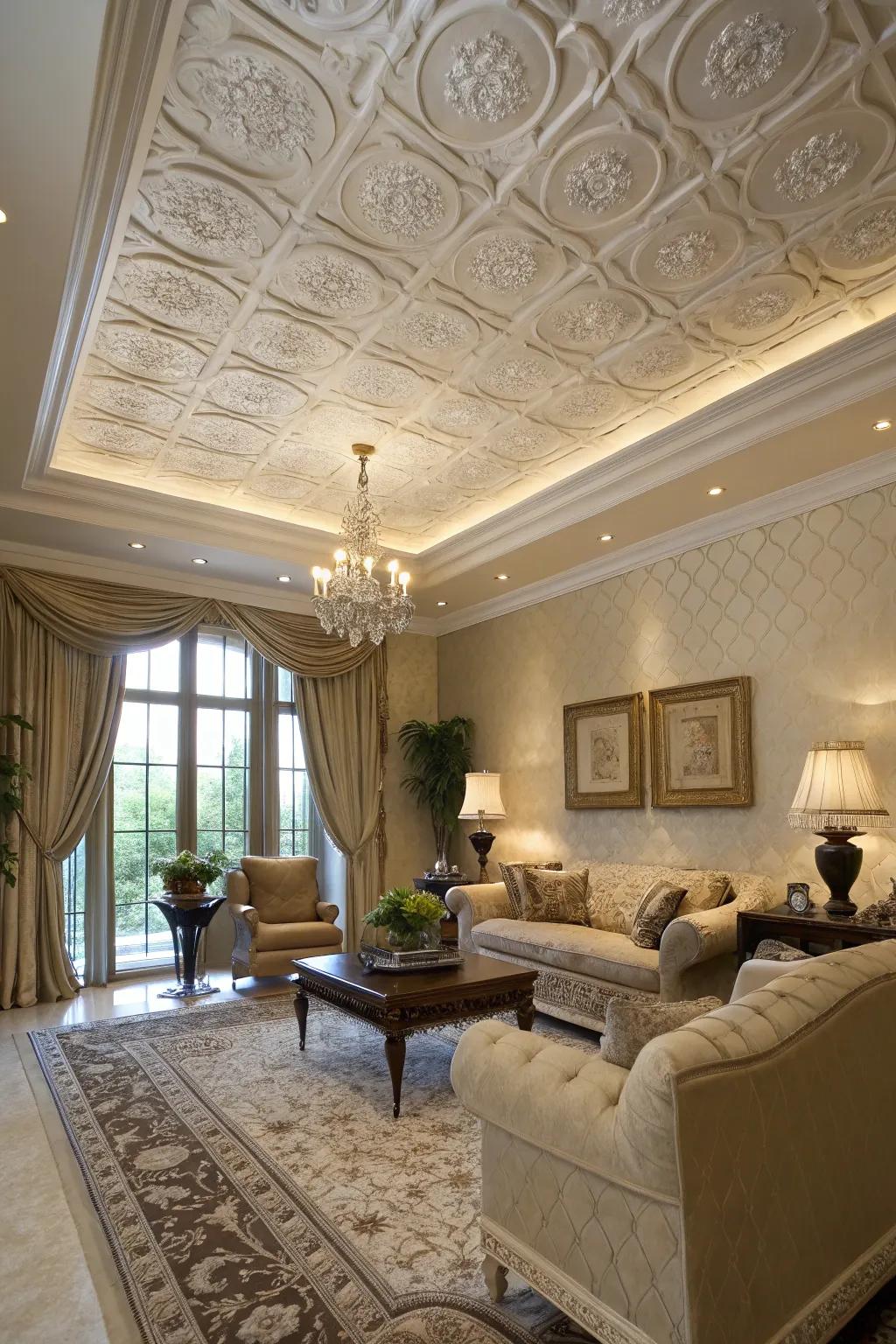 Luxurious charm achieved through textured alternative finish ceiling squares.