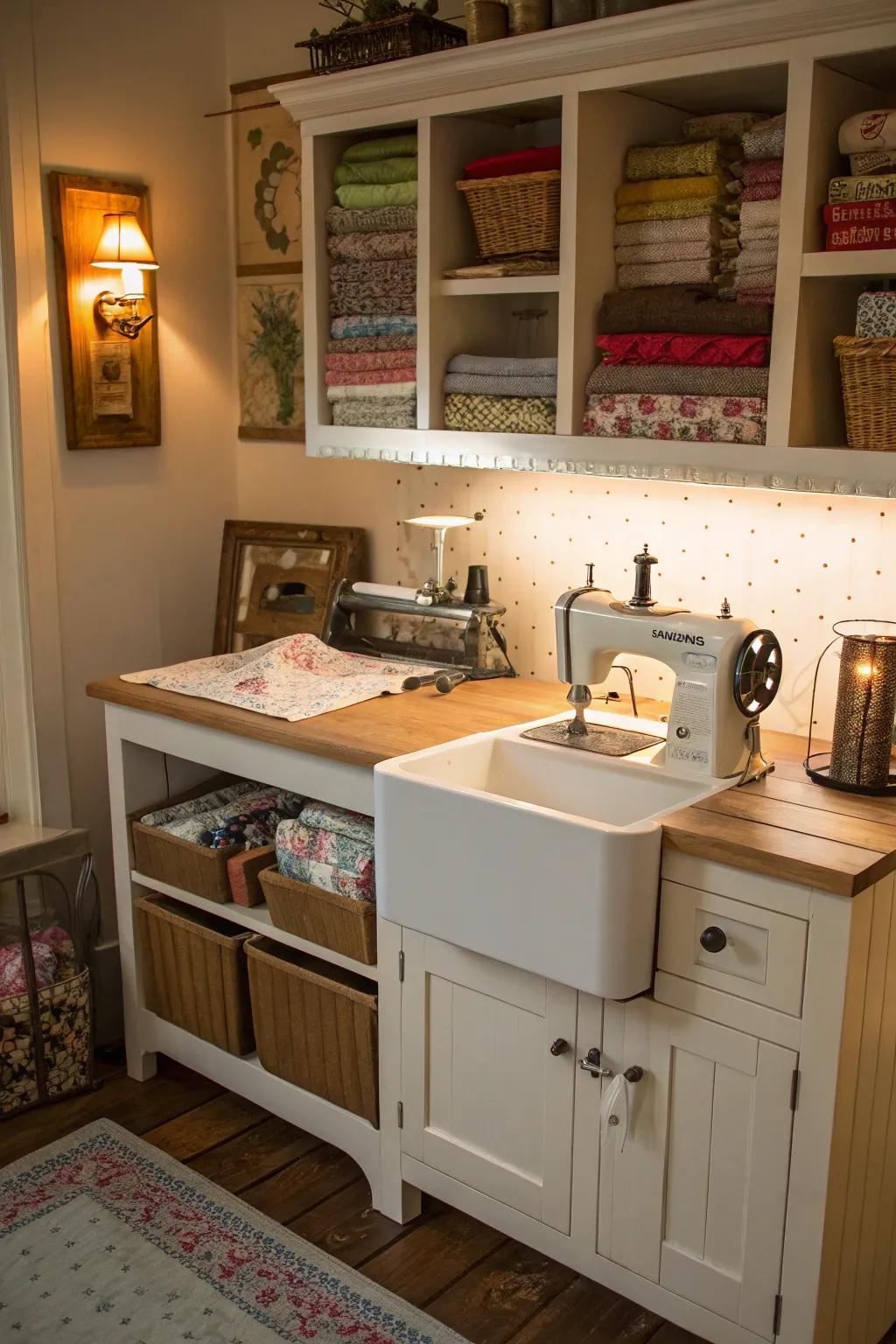 A sewing spot created from a practical water closet table.