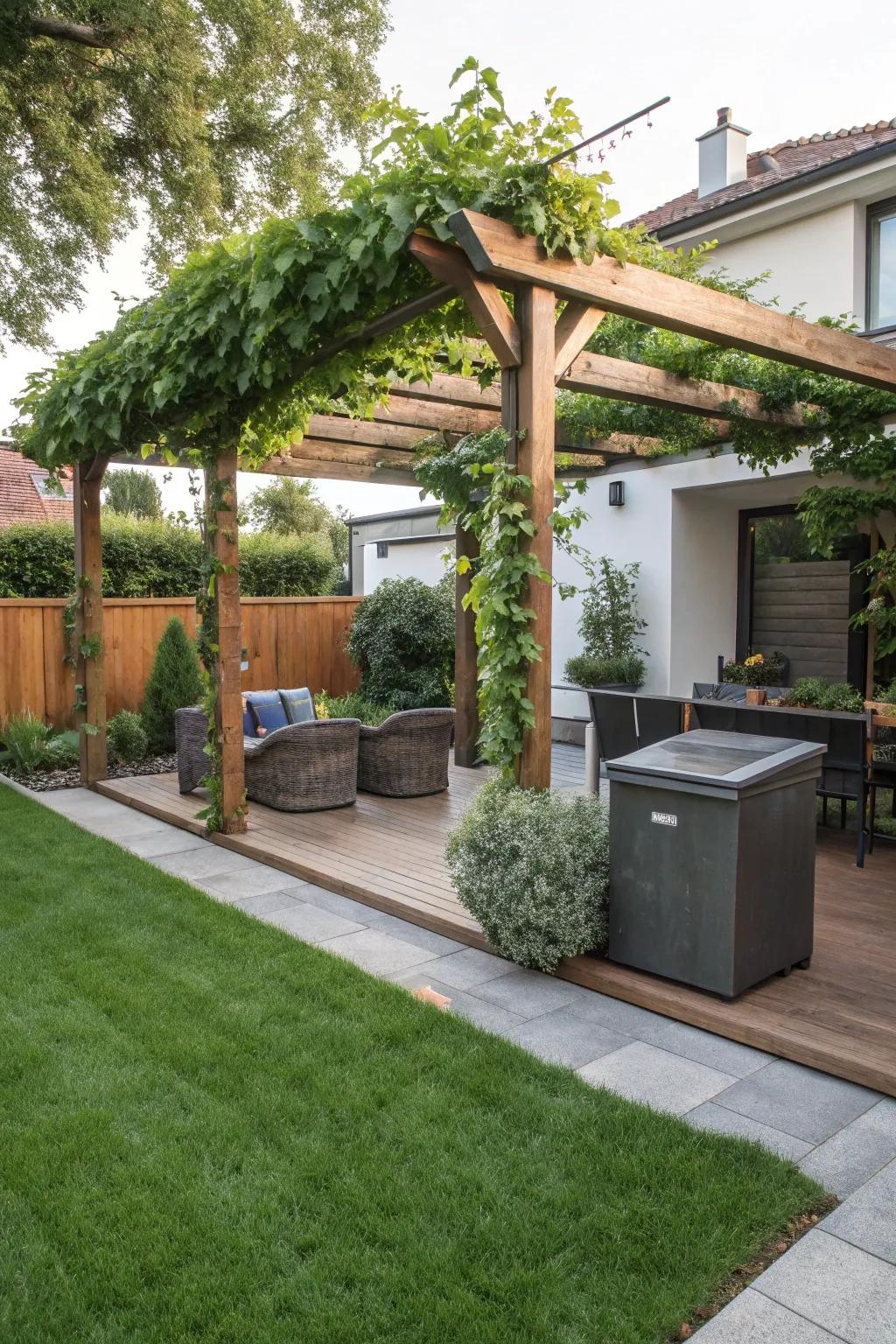 Arbored shading structures deliver shade and design to outdoor refuse areas.