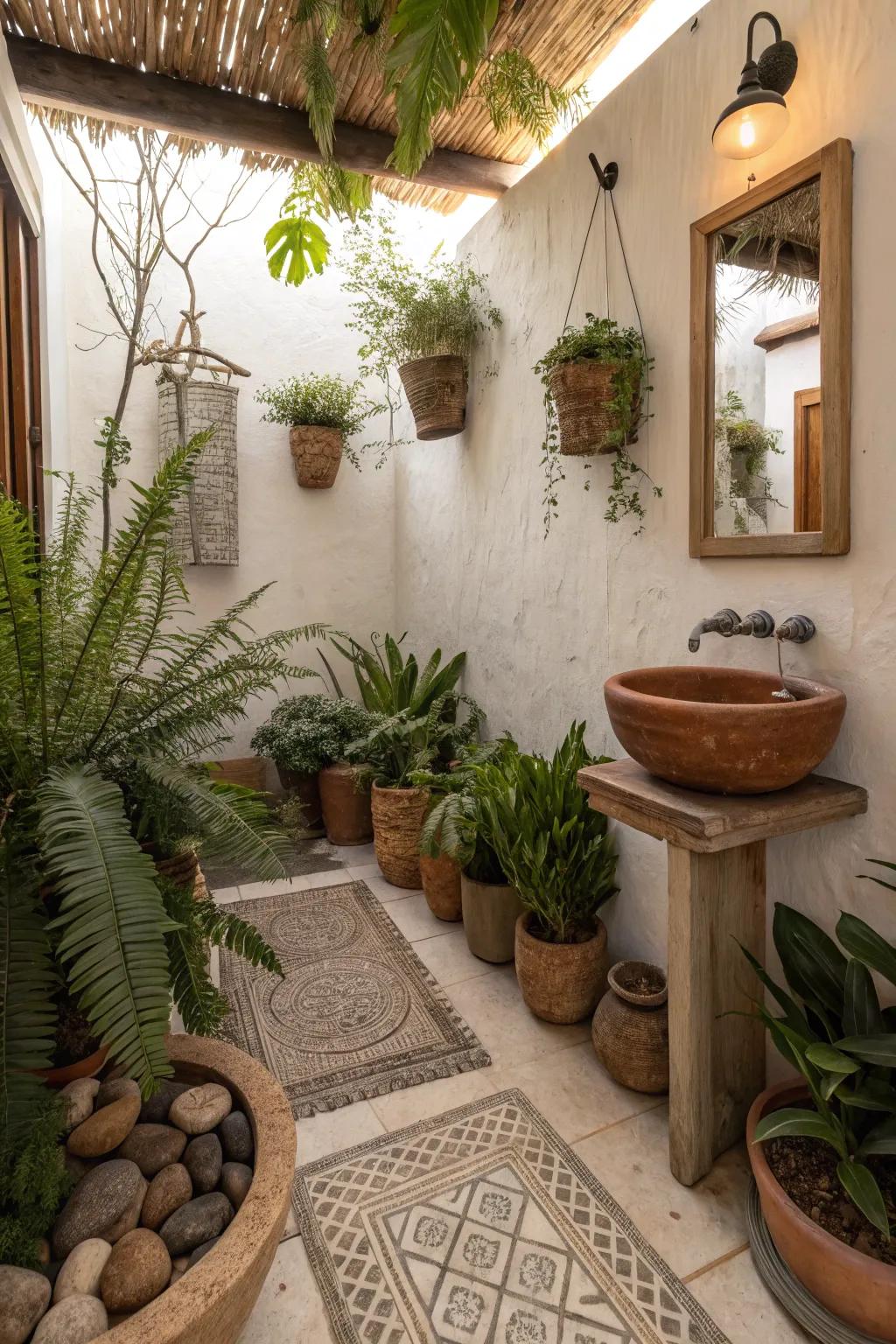 Earthenware pots for plants enhance the natural theme of the bathroom.