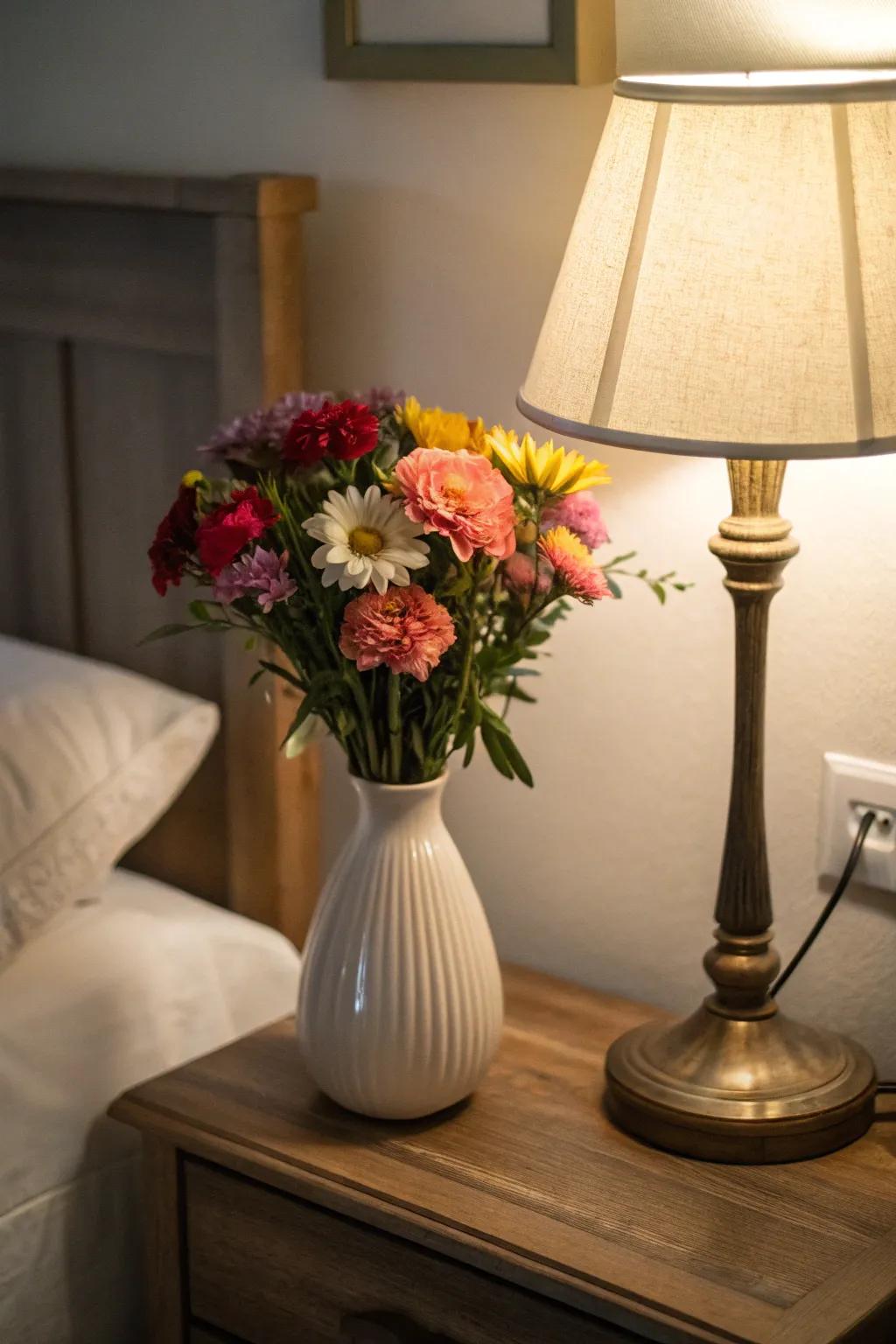 Nightstand flowers start the day.