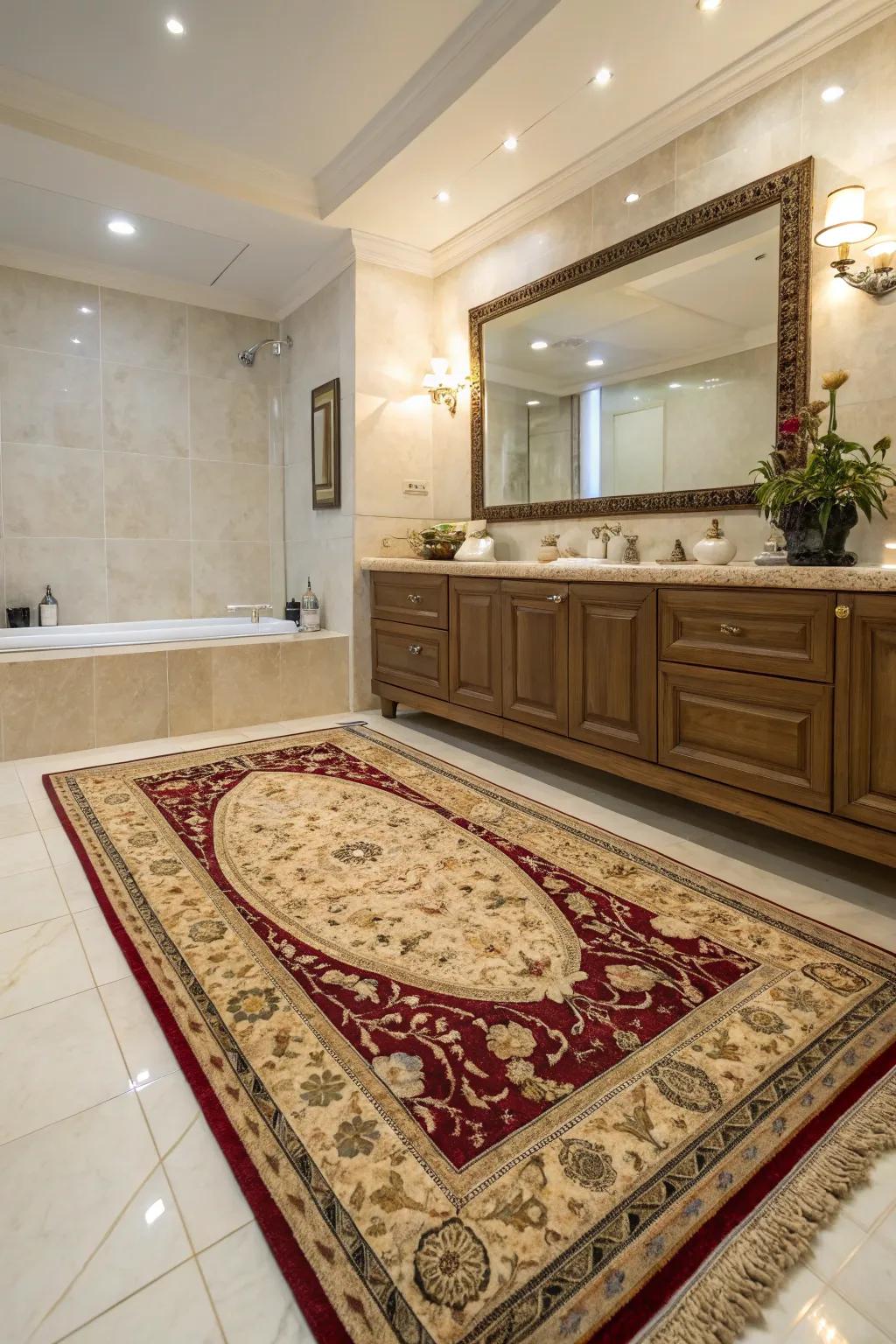 A plush rug injects warmth and elegance into this bathroom.