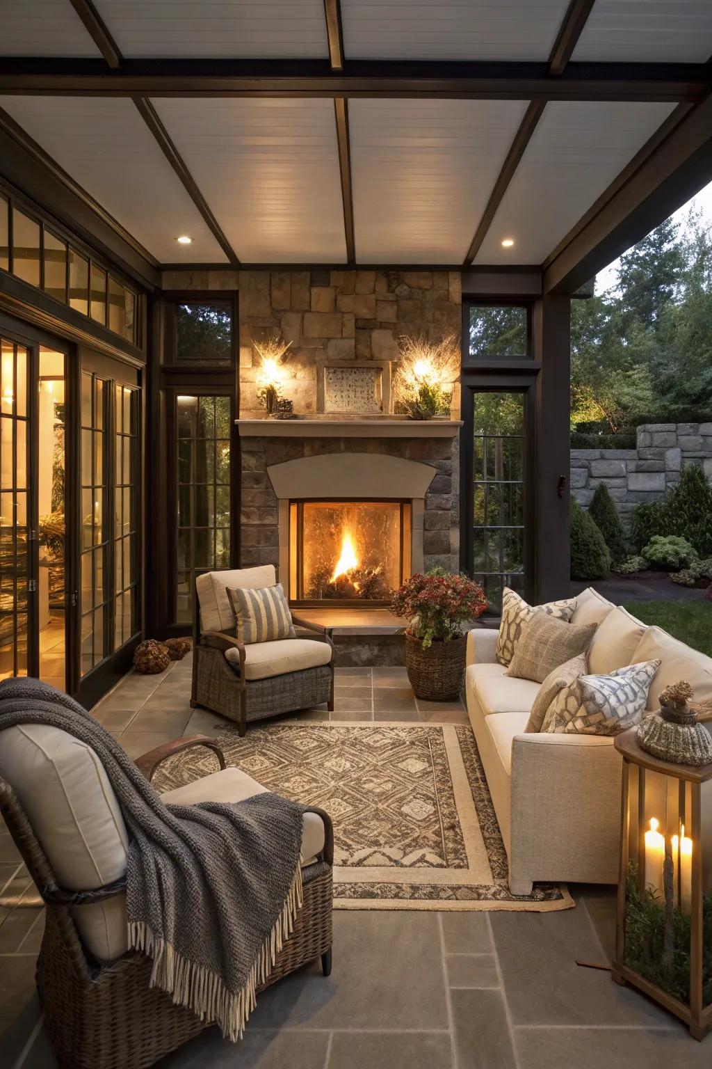A heartwarming and welcoming patio showcasing a central fireside for snug gatherings.