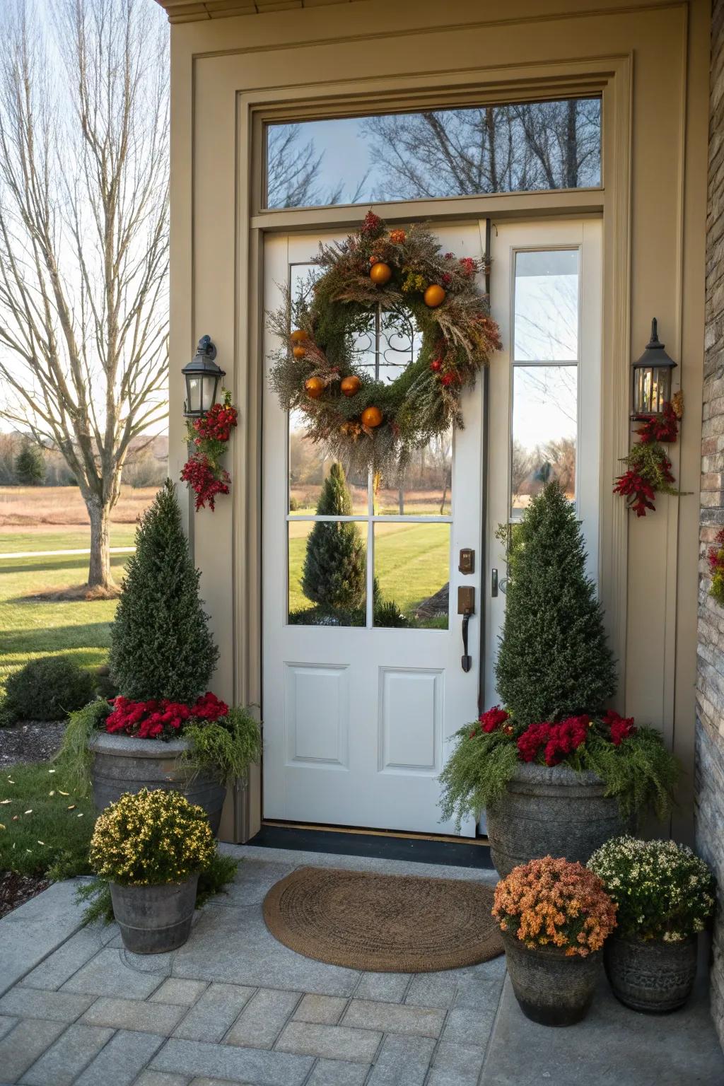 Seasonal decor adds a festive touch to the entranceway.