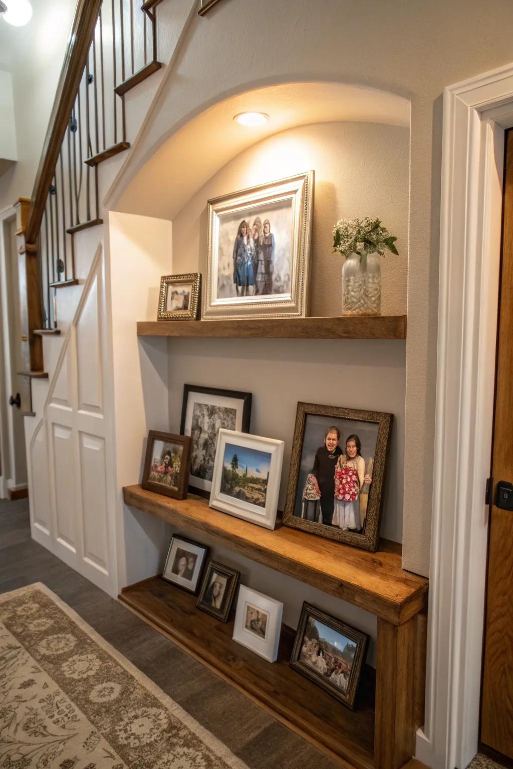 Family portraits personalize this niche, rendering it inviting and warm.