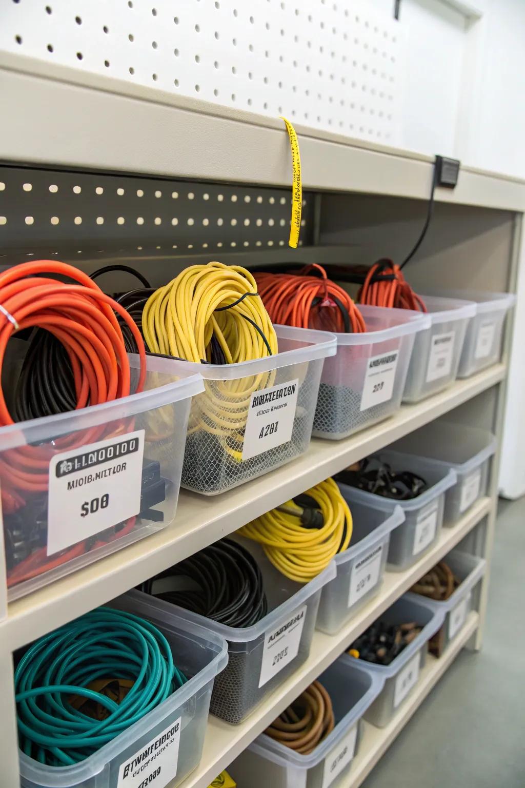 Polymer bins offer organized and space-efficient cord storage.